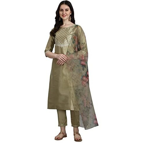 Vredevogel Women's Silk Blend Embroidered Straight Kurta Pant Set With Organza Dupatta (Pista_Small)