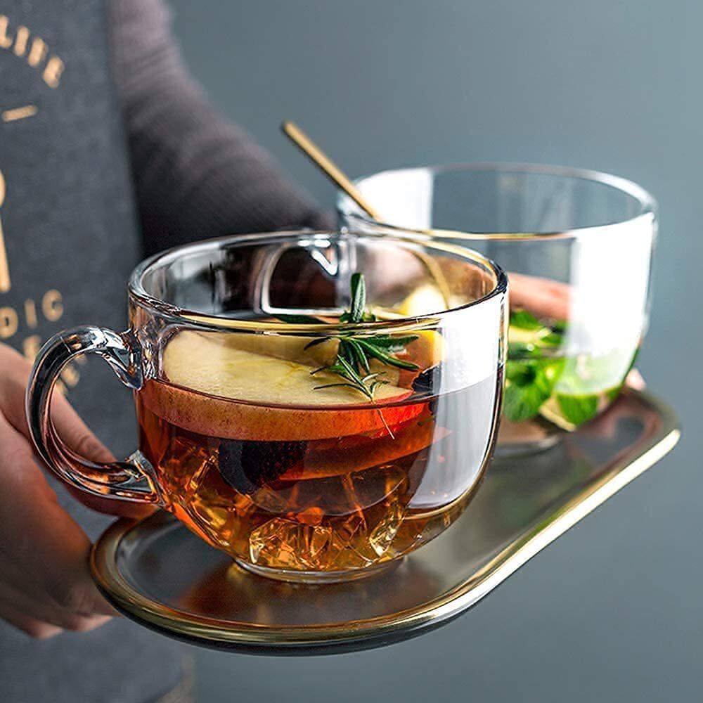 Kikiluxxa Green Tea And Cold Coffee Handle Mug Cup Set Of 4 - Big Soup Bowl And Milk Juice Cup 450Ml, Crystal Espresso Mug, Clear Toughened Glass Mug With Handle (Vintage Cup 4)