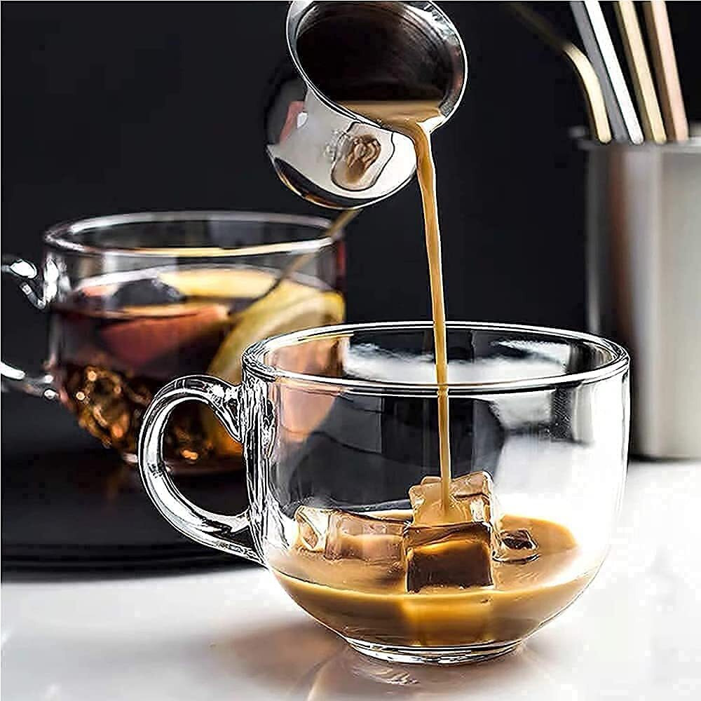Kikiluxxa Green Tea And Cold Coffee Handle Mug Cup Set Of 4 - Big Soup Bowl And Milk Juice Cup 450Ml, Crystal Espresso Mug, Clear Toughened Glass Mug With Handle (Vintage Cup 4)