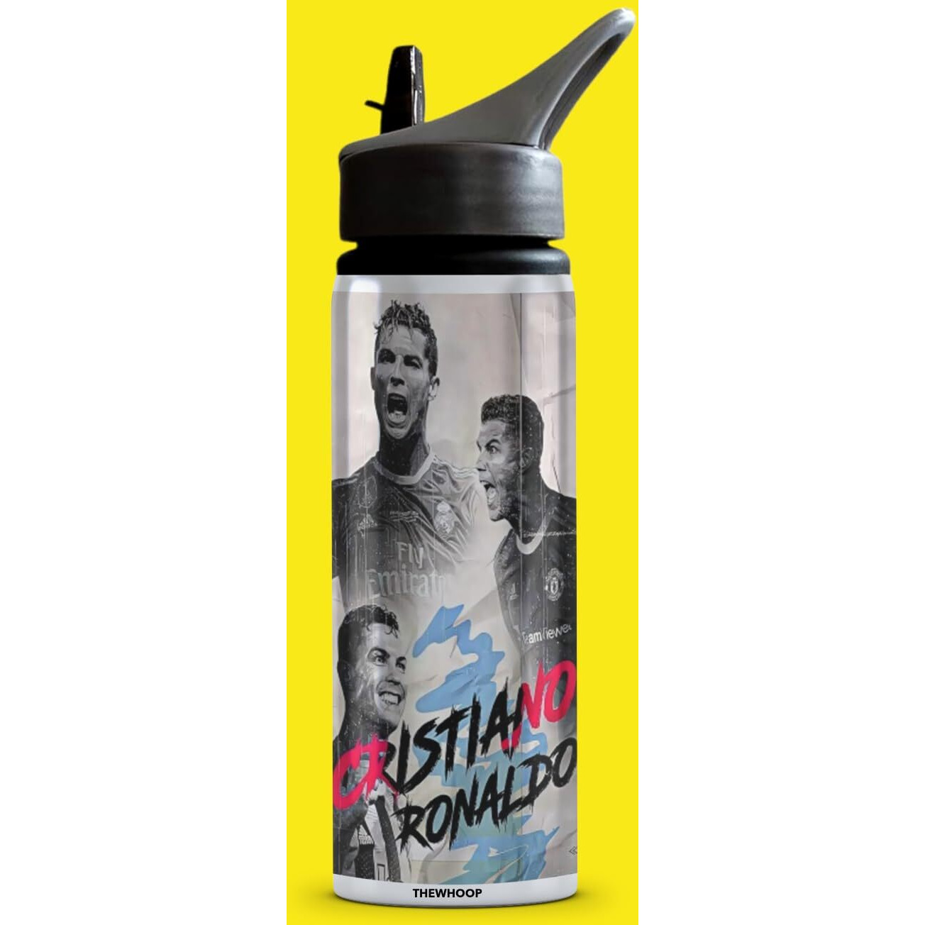 Thewhoop Cristiano Ronaldo Printed Sipper 750 Ml Aluminium Bottle & Keychain With Holding Grip Feature | Best Gift For Cr7 / Football Sports Fans (Black)