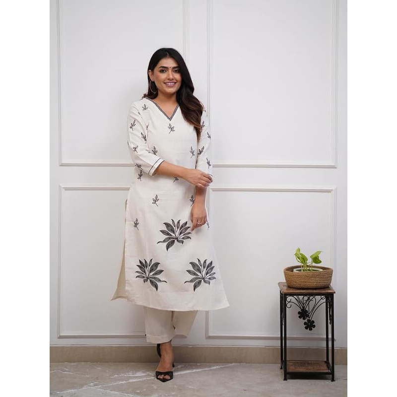 Royal Export Women's Viscose Floral Embroidered Regular Fit Straight Kurta Set With Pant (Rx72 Whitectn-Kp_Small)