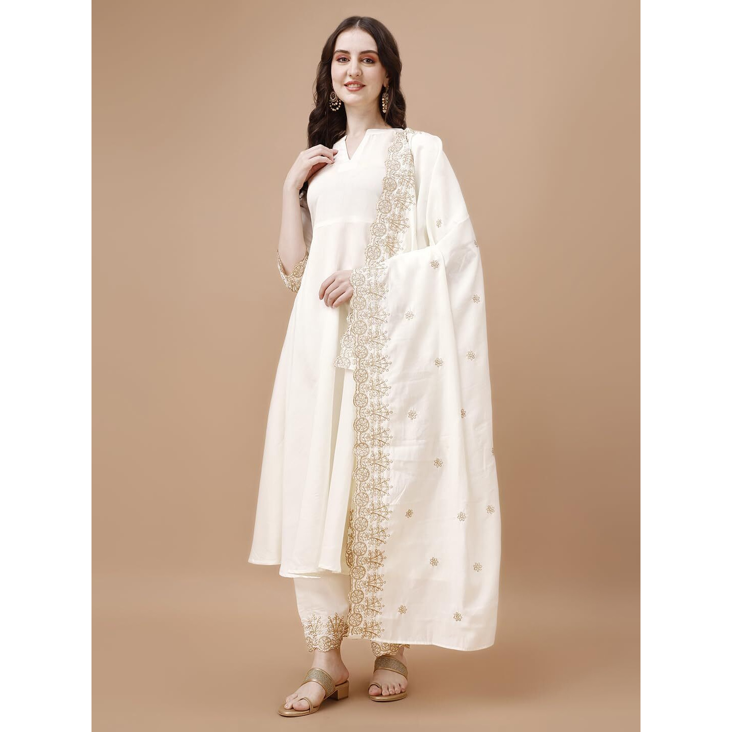 Granthva Fab Kurta Set For Women Silk Embroidered Anarkali Kurta Set For Women With Palazzos And Dupatta (Gf-6056-M_White)