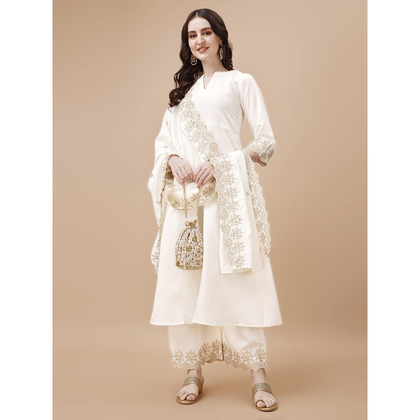 Granthva Fab Kurta Set For Women Silk Embroidered Anarkali Kurta Set For Women With Palazzos And Dupatta (Gf-6056-M_White)