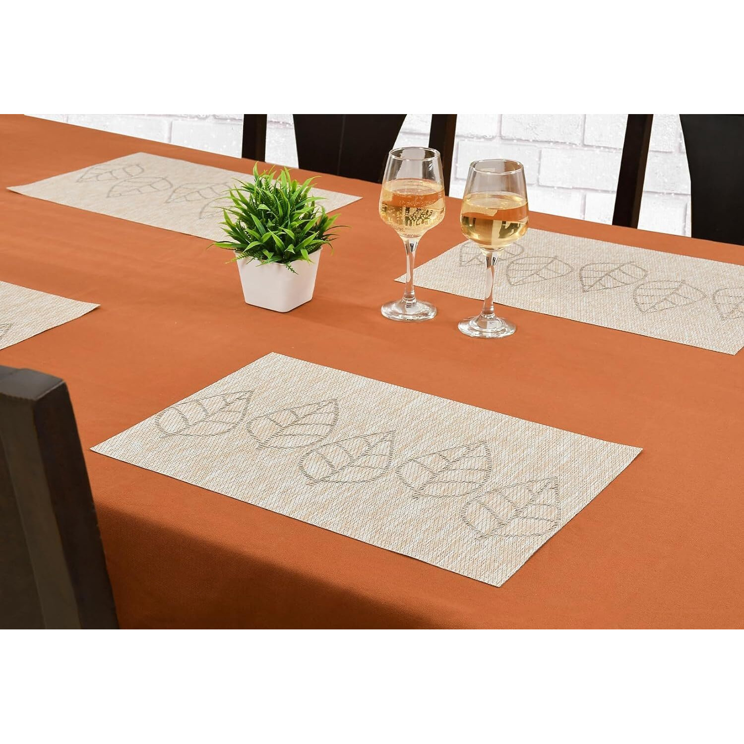 Yellow Weaves Pvc Dining Table Placemats | Heat Resistant Dining Table Place Mats For Dining Table Kitchen Coffee Center Table Side Party - (Set Of 6, Leaf Beige)