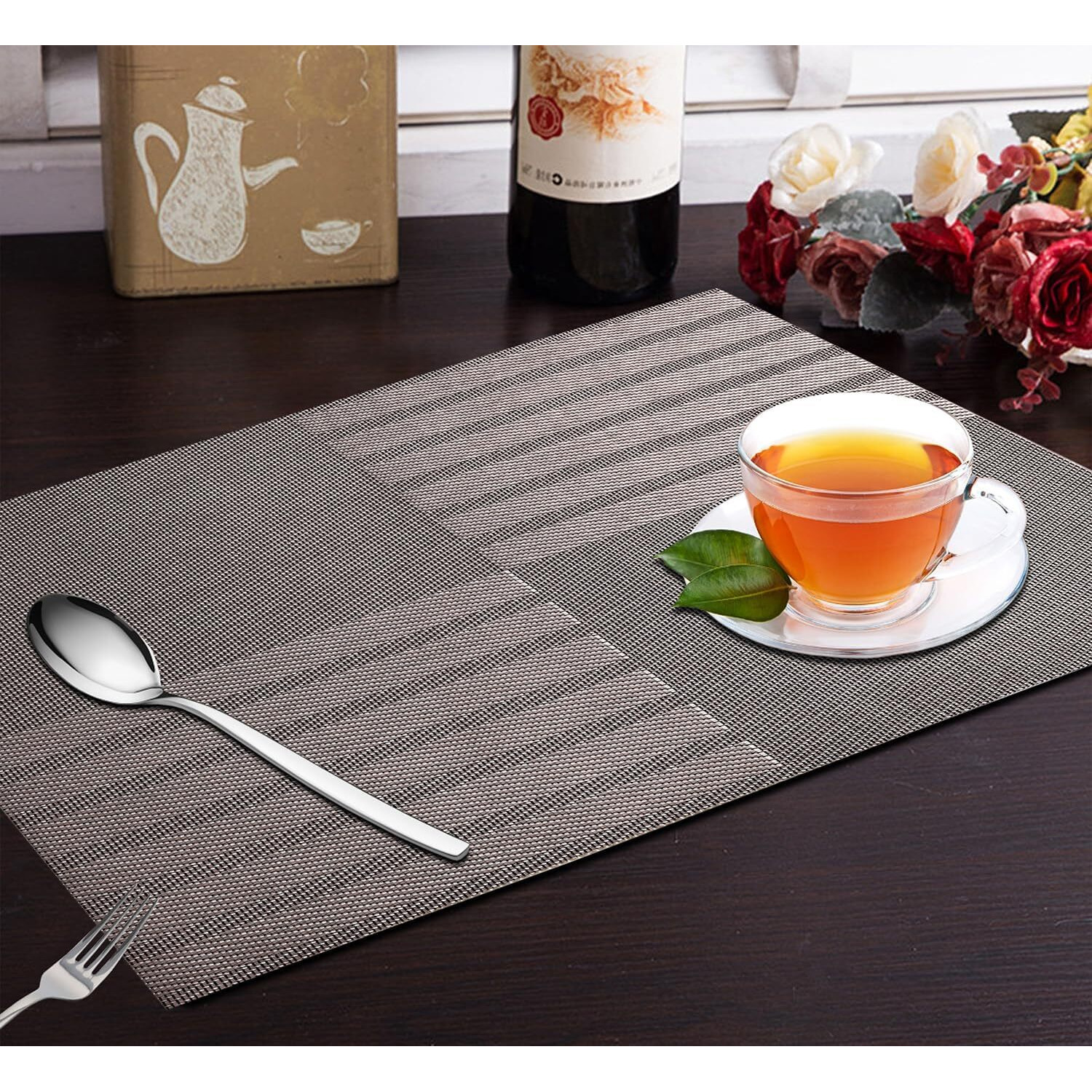 Yellow Weaves Pvc Dining Table Placemats | Heat Resistant Dining Table Place Mats For Kitchen Coffee Center Table Side Party - (Set Of 6, Rose Gold)