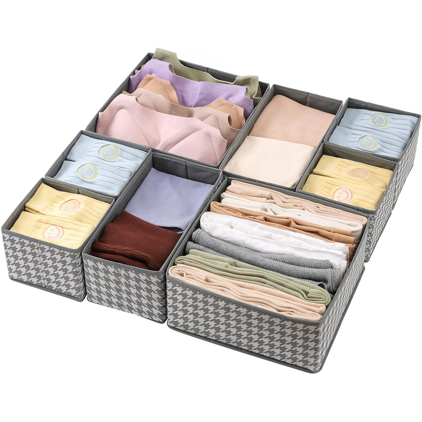 House Of Quirk Non-Woven Foldable Clothing Storage Box Closet Dresser Drawer Organizer Cube Basket Bins Containers Divider With Drawers For Underwear,Socks,Ties,Scarves,Set Of 8 (Grey Houndstooth)