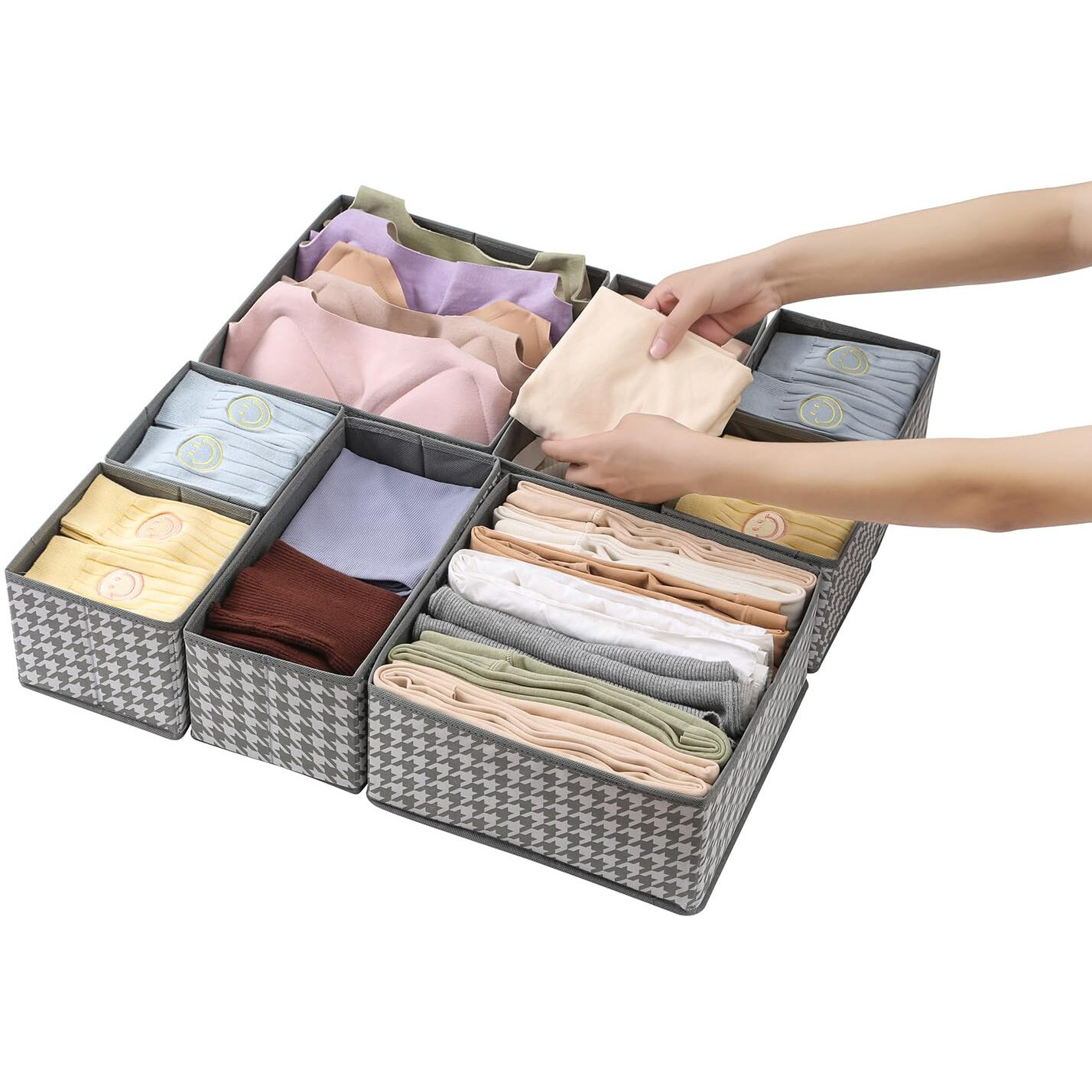 House Of Quirk Non-Woven Foldable Clothing Storage Box Closet Dresser Drawer Organizer Cube Basket Bins Containers Divider With Drawers For Underwear,Socks,Ties,Scarves,Set Of 8 (Grey Houndstooth)