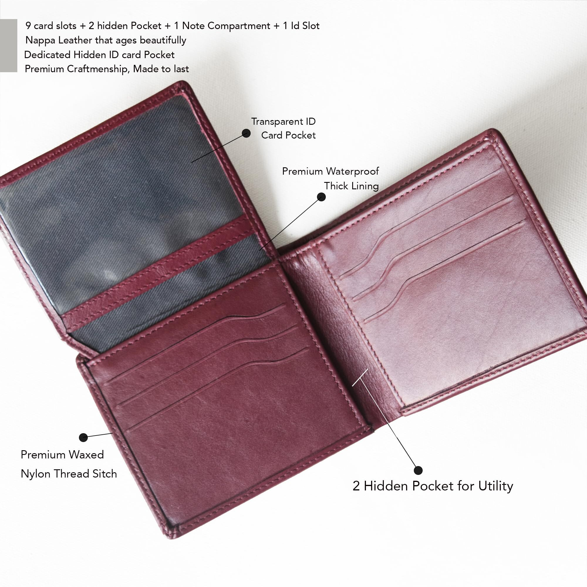 Atoll Bifold Leather Wallet For Men, Genuine Leather Wallets For Men With Rfid Blocking | 14 Slots | Rfid Protected Minimalist Slim Purse (Burgundy)