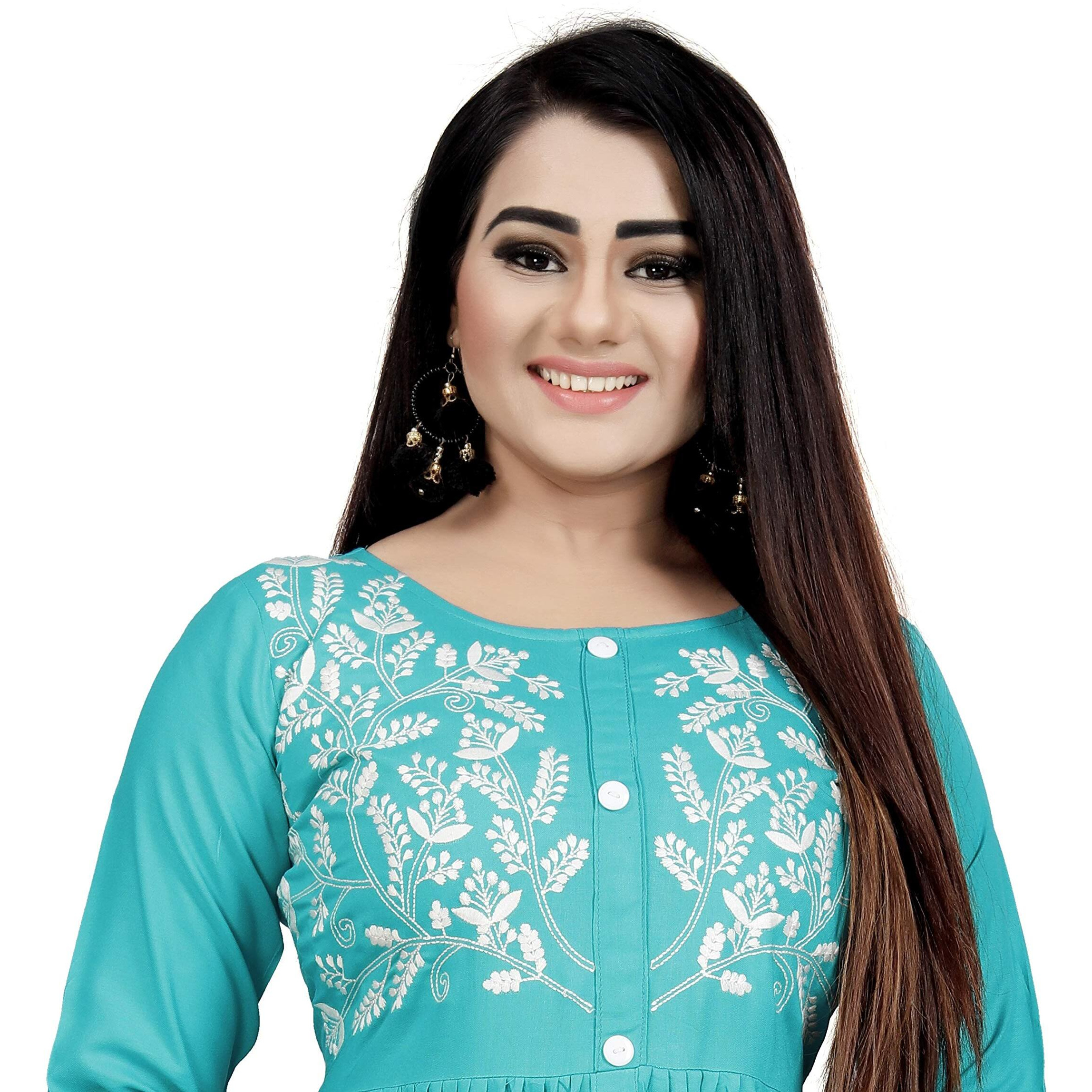 Krazzykudy Women's Rayon Cotton Embroidered Flared Regular Fit Kurtis (Light Blue,Small)