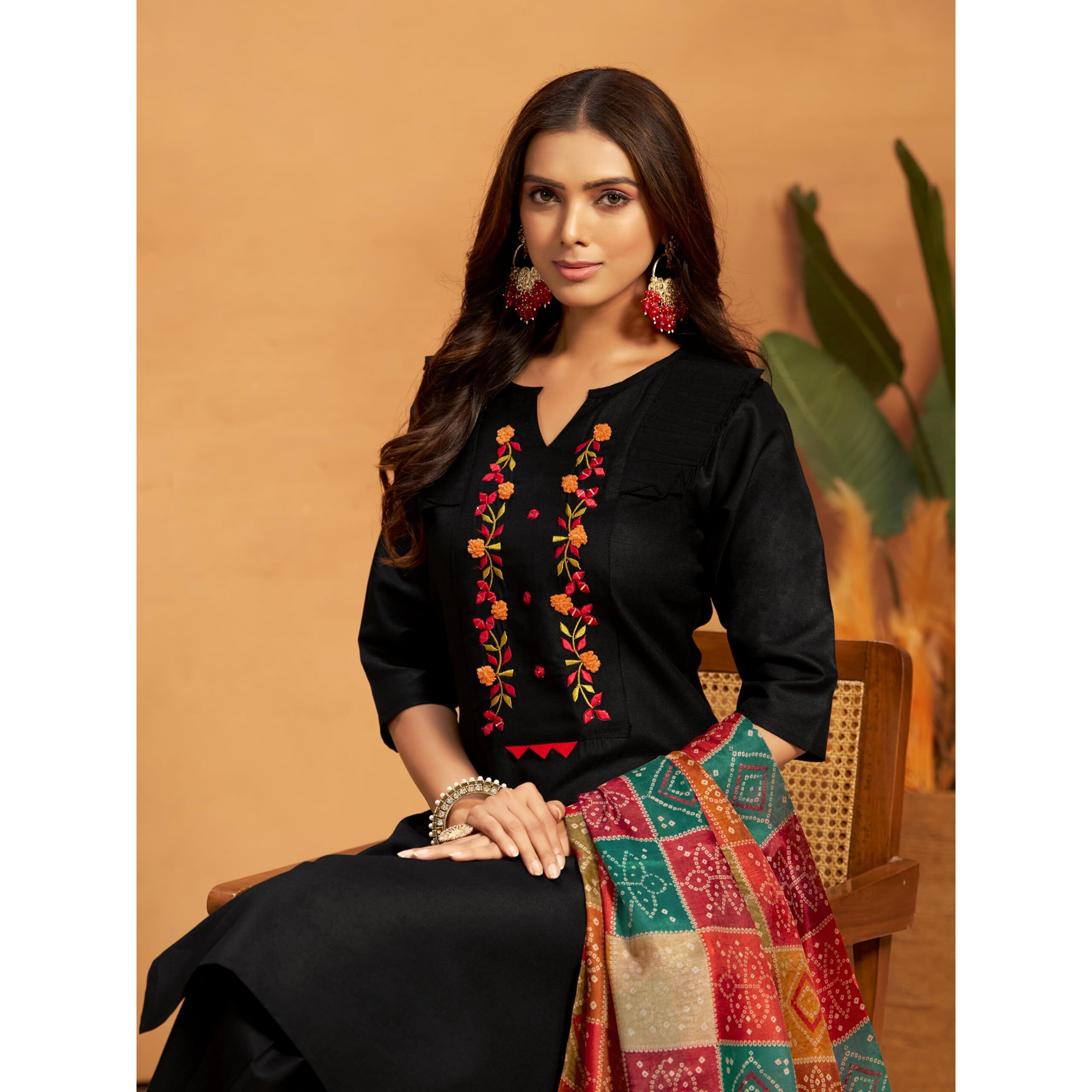 Ethnicjunction Women's Embroidered Mirror Work Cotton Straight Salwar Kurta Dupatta Set Black