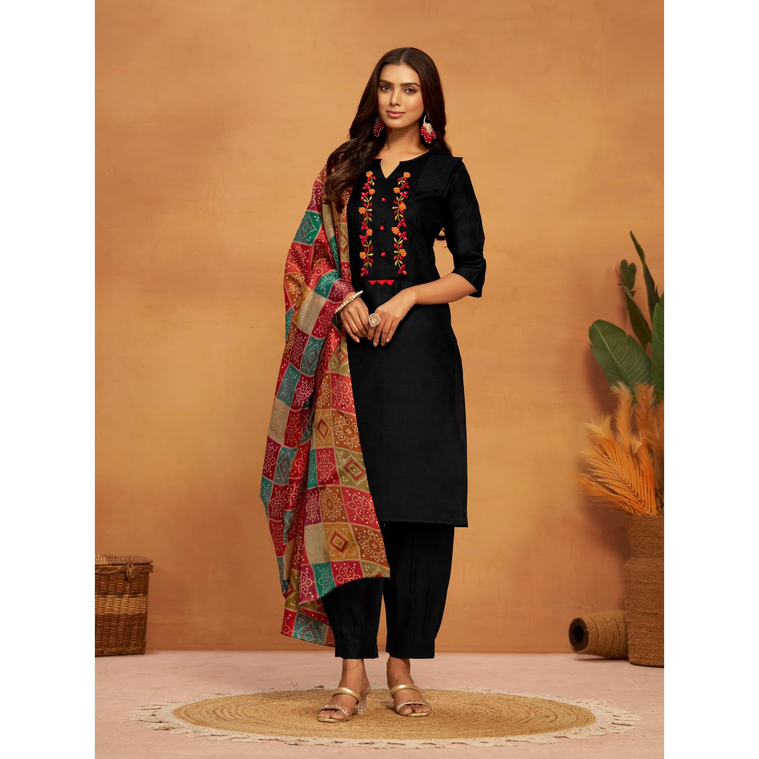 Ethnicjunction Women's Embroidered Mirror Work Cotton Straight Salwar Kurta Dupatta Set Black