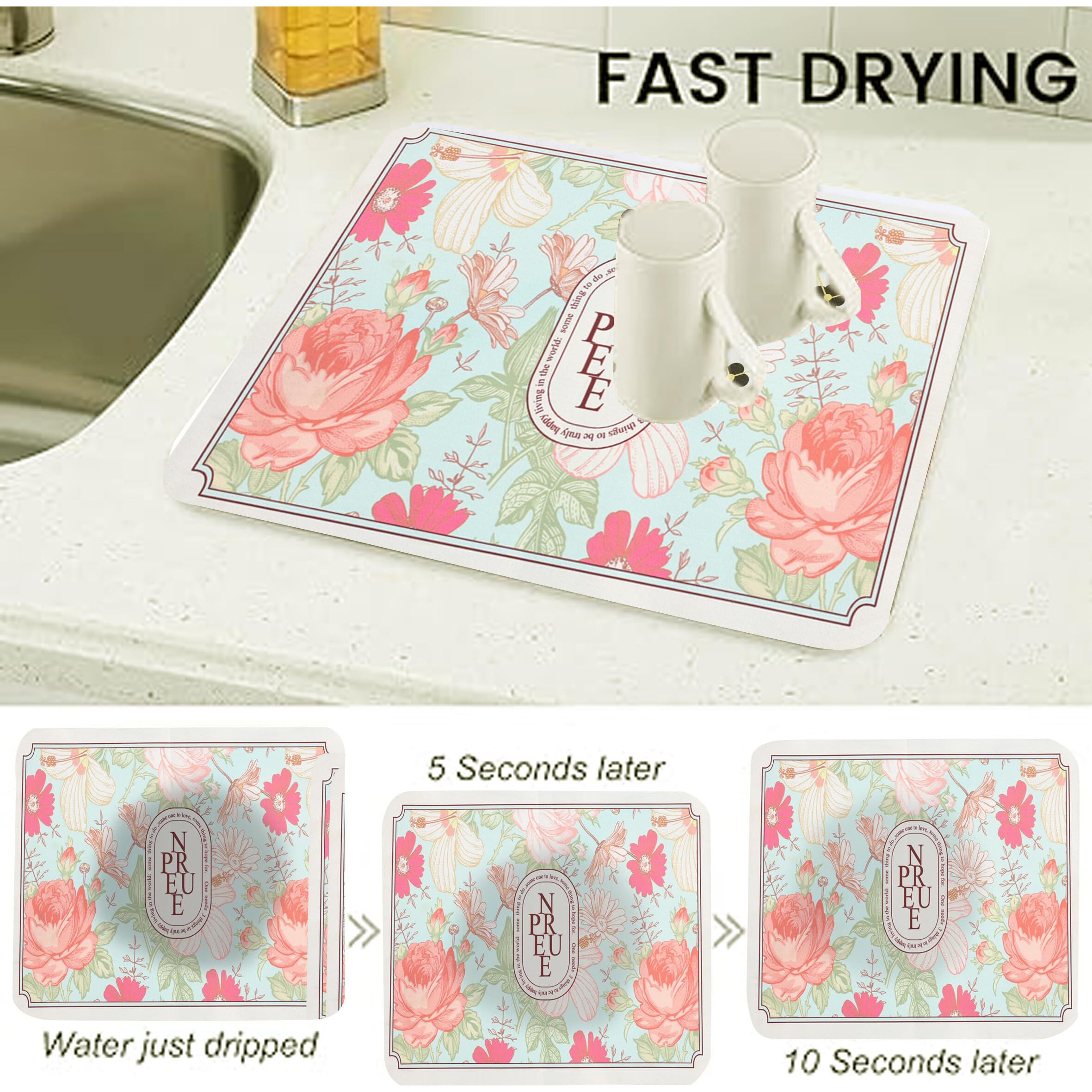 Homecloud Dish Drying Mat For Kitchen Counter Hide Stain Super Absorbent, Non-Slip, Heat-Resistant, Great For Dishes,Rack Pad, Kitchen Counter, Coffee Maker, Coffee Item (Pink_Rose, 50X40 Cm)