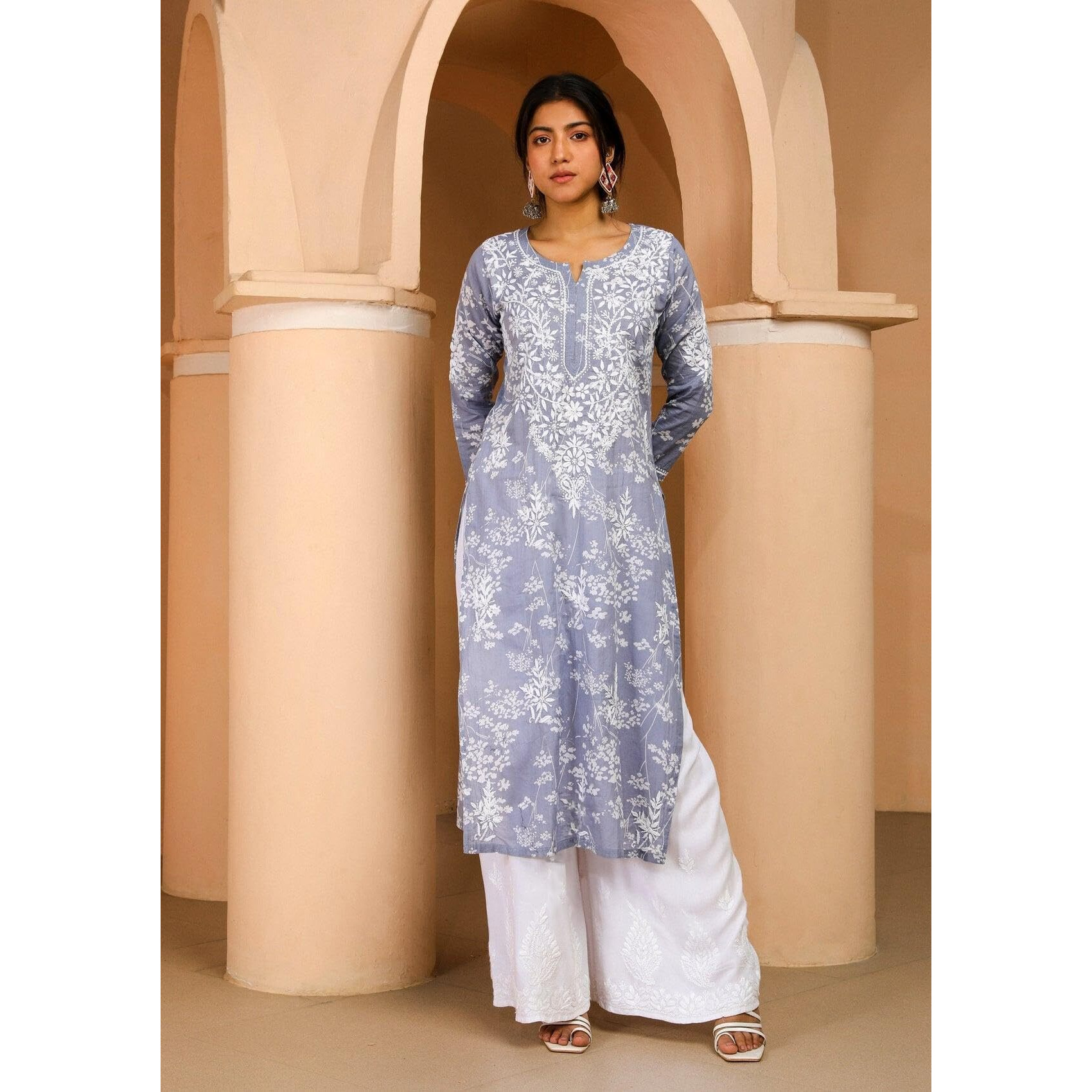 Gosriki Women's Cotton Blend Chikankari Embroidered Straight Kurta (Zainab Grey-Nw-Gs_M_Grey_Medium)