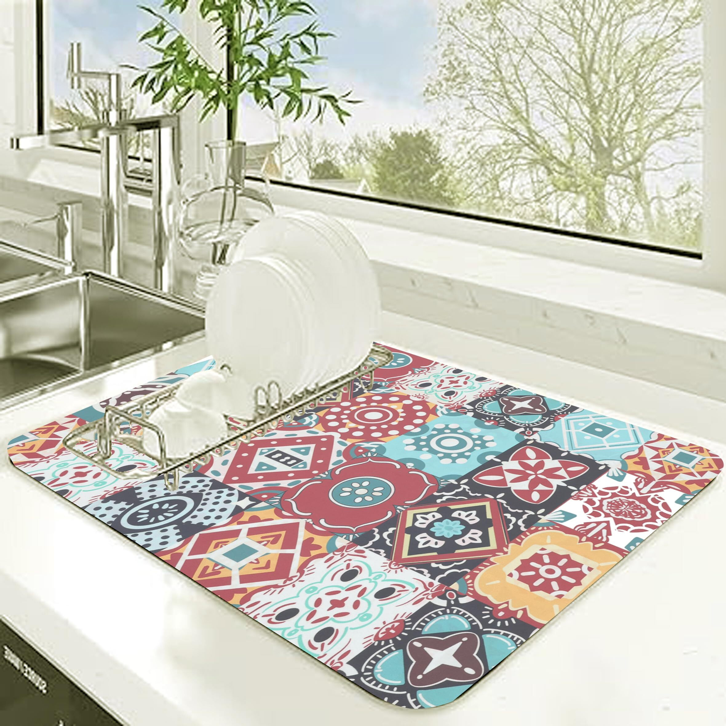 Homecloud Dish Drying Mat For Kitchen Counter Hide Stain Super Absorbent, Non-Slip, Heat-Resistant, Great For Dishes,Rack Pad, Kitchen Counter, Coffee Maker (Multi_Red, 50X40Cm)