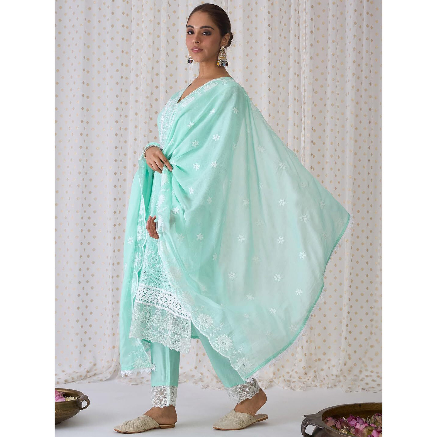 Indo Era Women's Embroidered Pure Cotton Kurta & Pant With Dupatta Set (Kh0Gn6076_Medium)