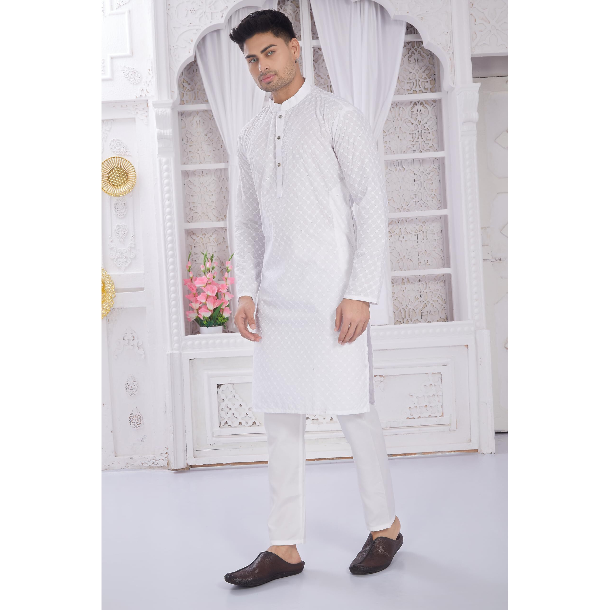Divisive Men's Thread Embroidered Cotton Only Slim Fit Kurta (Dkrt633_Xxl_White)