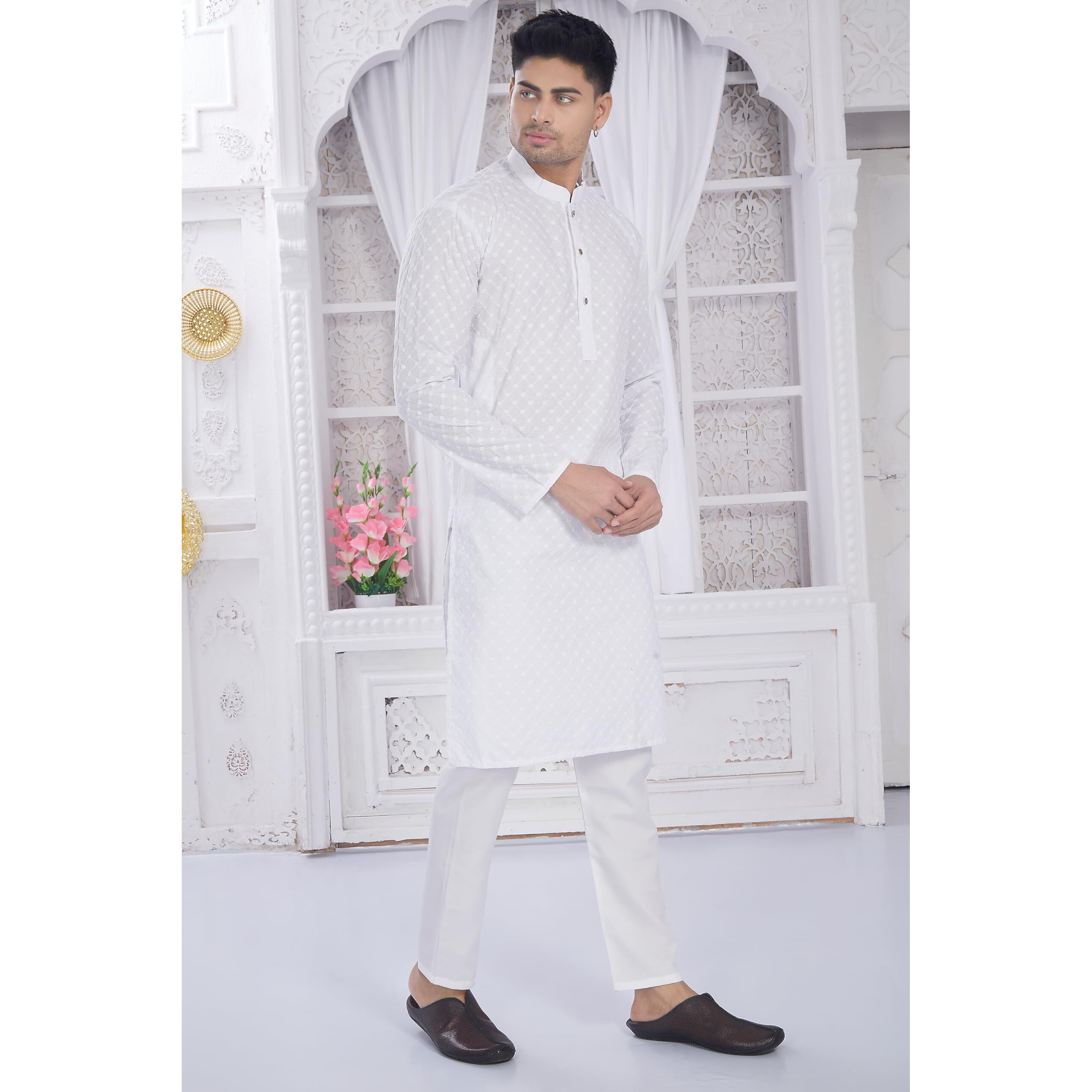 Divisive Men's Thread Embroidered Cotton Only Slim Fit Kurta (Dkrt633_Xxl_White)