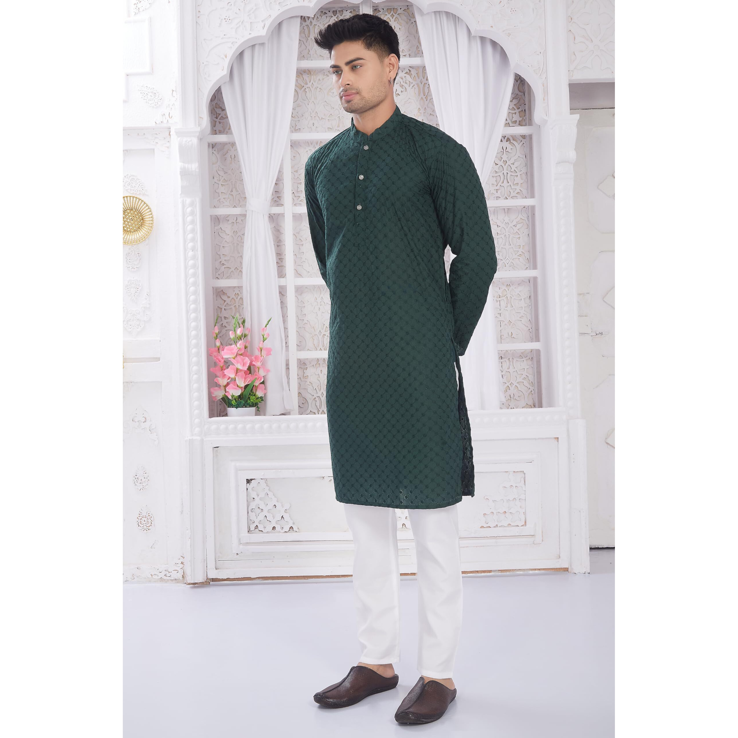 Divisive Men's Thread Embroidered Cotton Only Slim Fit Kurta (Dkrt632_Xxl_Dark Green)