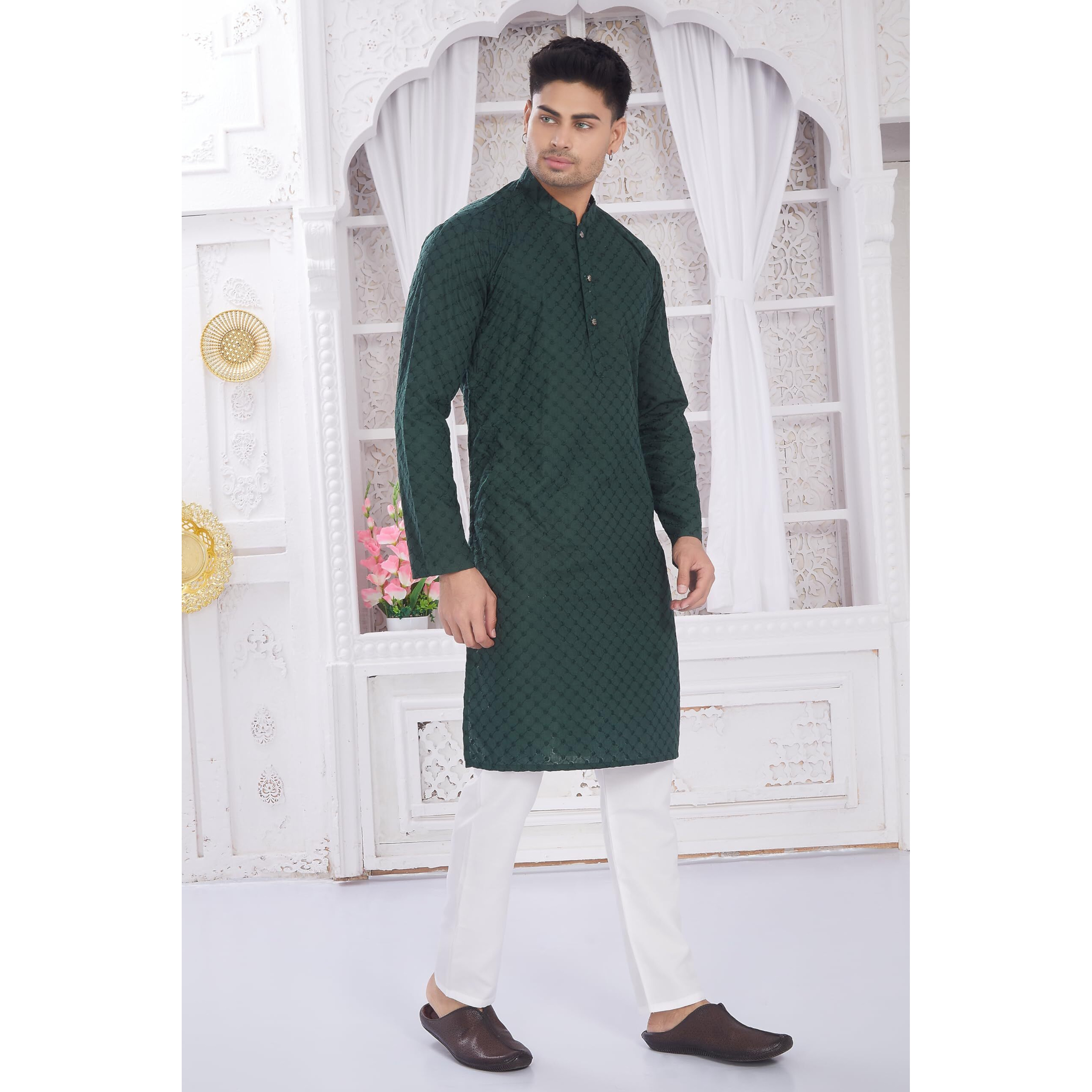 Divisive Men's Thread Embroidered Cotton Only Slim Fit Kurta (Dkrt632_Xxl_Dark Green)