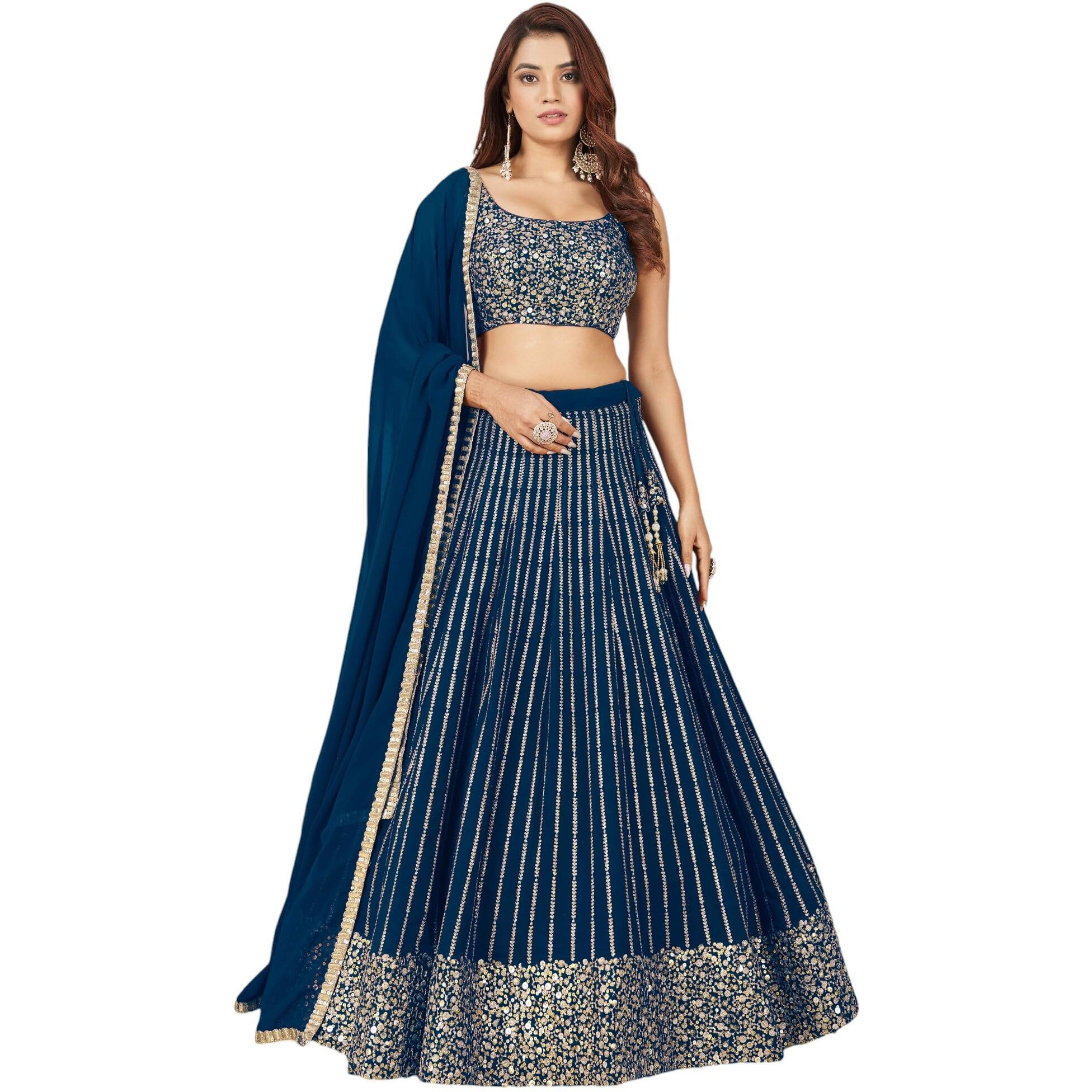 Zeel Clothing Women's Sequins Zari Embroidered Pure Georgette Lehenga Choli With Dupatta (5067-Blue-Wedding-Lehenga-Choli-Latest Free Size) (Blue) | Finish Type Semi-Stitched