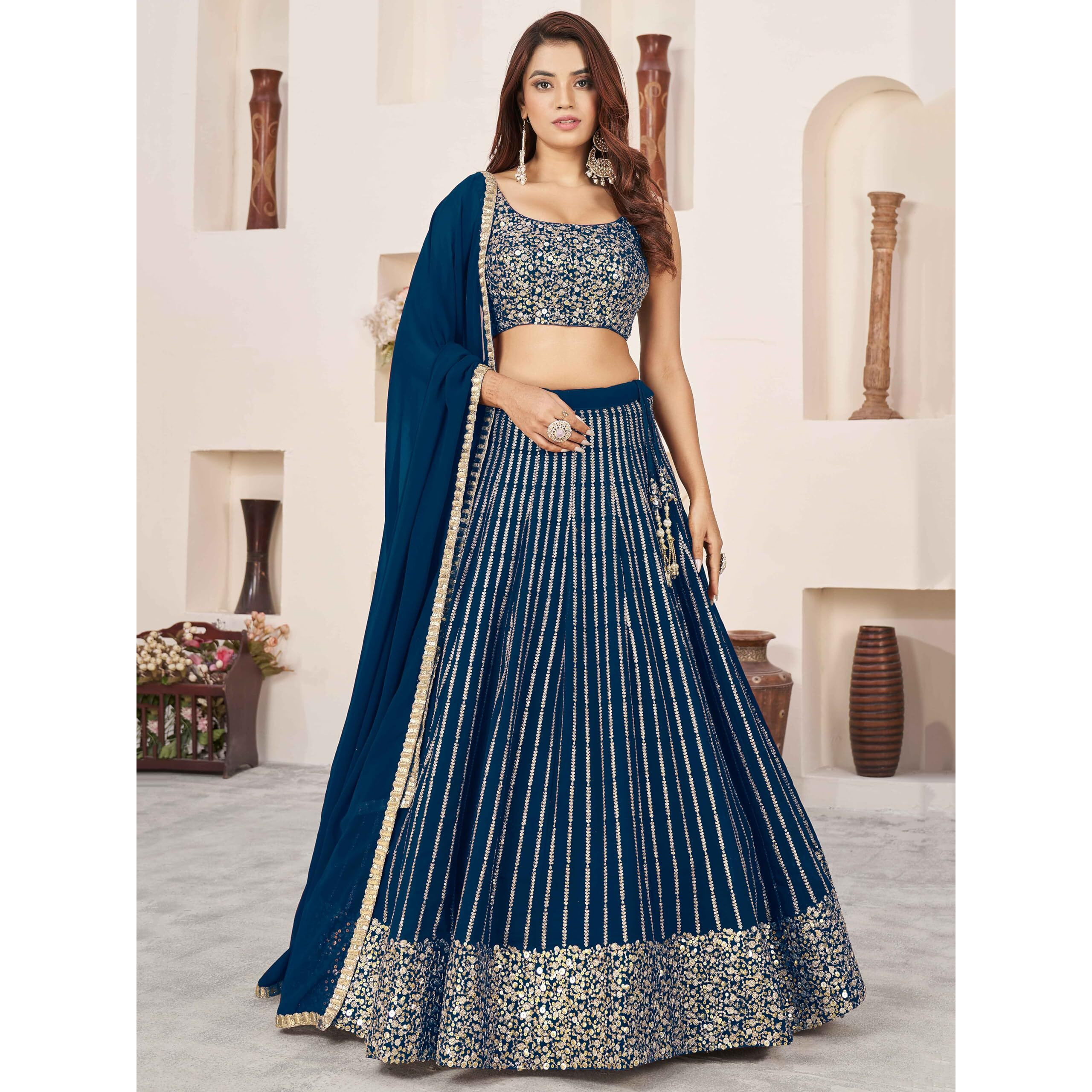 Zeel Clothing Women's Sequins Zari Embroidered Pure Georgette Lehenga Choli With Dupatta (5067-Blue-Wedding-Lehenga-Choli-Latest Free Size) (Blue) | Finish Type Semi-Stitched