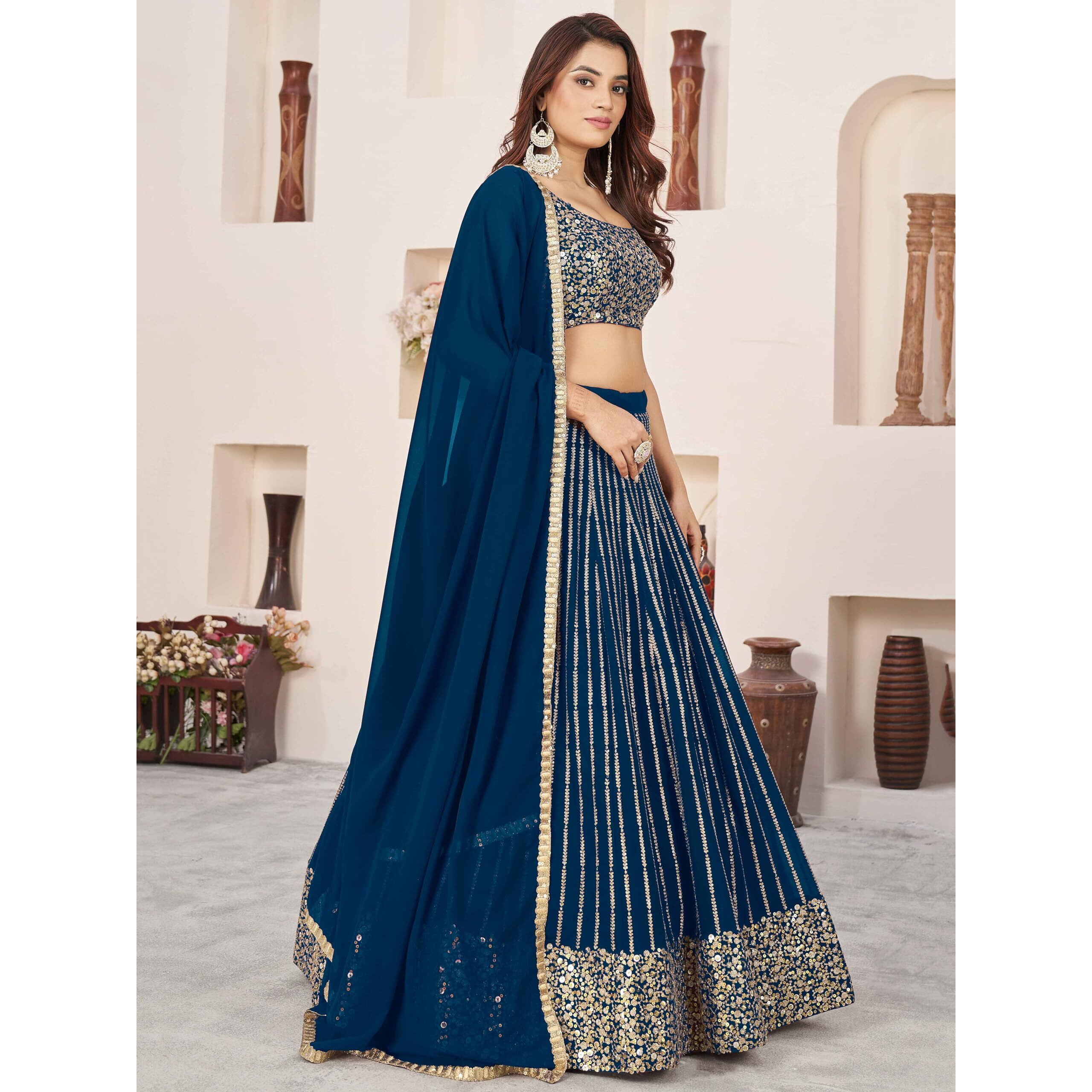 Zeel Clothing Women's Sequins Zari Embroidered Pure Georgette Lehenga Choli With Dupatta (5067-Blue-Wedding-Lehenga-Choli-Latest Free Size) (Blue) | Finish Type Semi-Stitched
