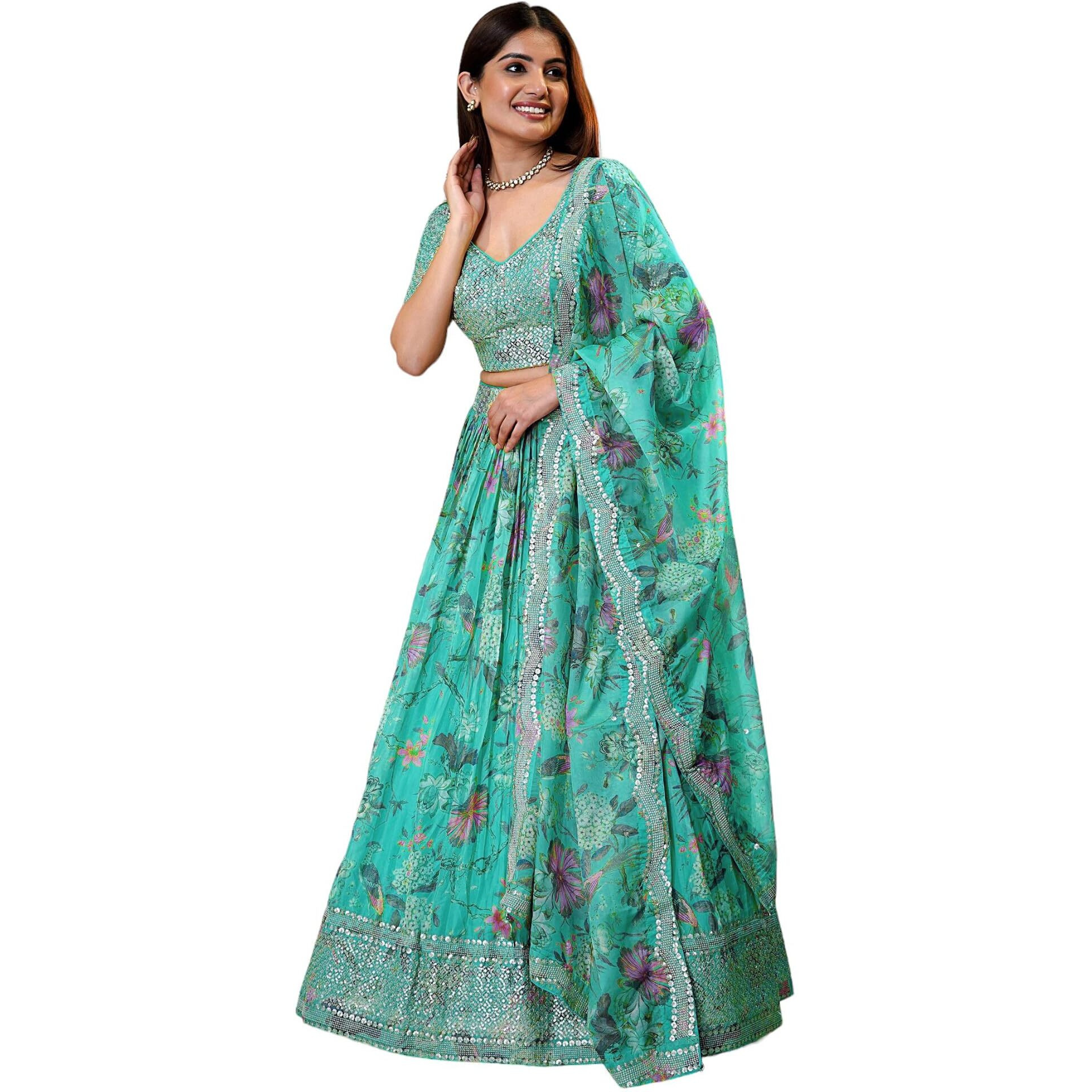 Zeel Clothing Women's Print And Sequins Embroidered Organza Lehenga Choli With Dupatta (7066-Blue-Women-Lehenga-Choli-Latest, Free Size) (Blue) | Finish Type Semi Stitched