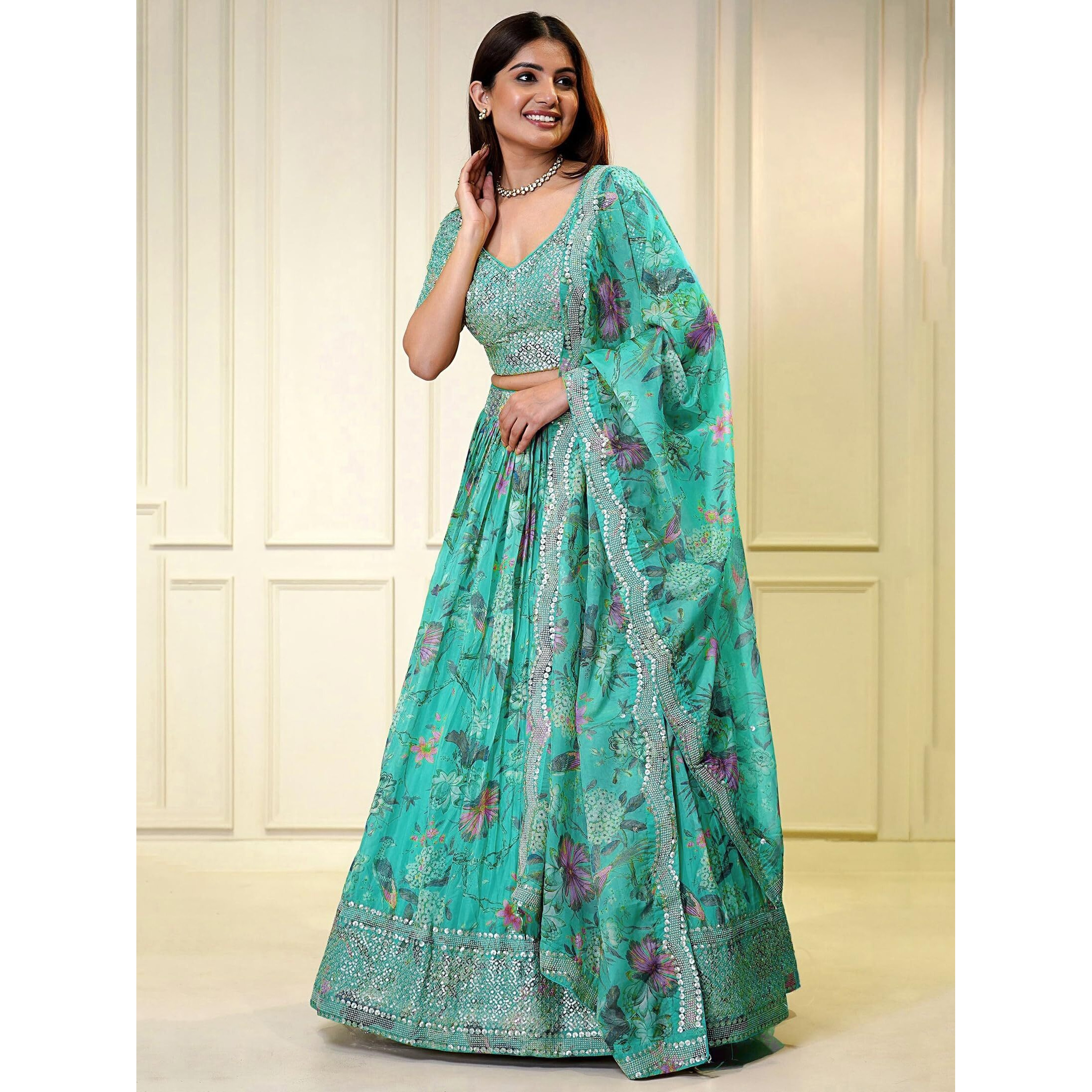 Zeel Clothing Women's Print And Sequins Embroidered Organza Lehenga Choli With Dupatta (7066-Blue-Women-Lehenga-Choli-Latest, Free Size) (Blue) | Finish Type Semi Stitched