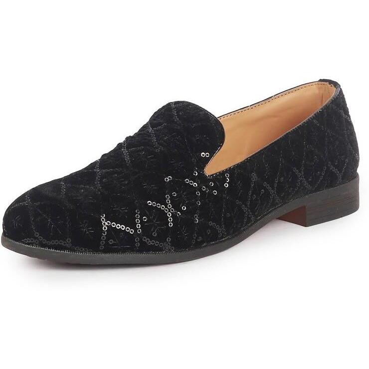 Fausto Fst Fosme-2166 Black-45 Men Black Ethnic Velvet Sequin Embroidered Round Toe Juttis And Mojaris For Wedding|Festive Slip-On For Kurtas|Traditional Sherwani Shoes|Prom Slip On Shoes (11 Uk)