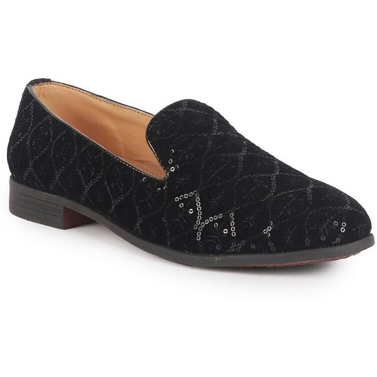Fausto Fst Fosme-2166 Black-45 Men Black Ethnic Velvet Sequin Embroidered Round Toe Juttis And Mojaris For Wedding|Festive Slip-On For Kurtas|Traditional Sherwani Shoes|Prom Slip On Shoes (11 Uk)