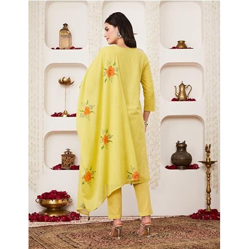 Amazon Brand - Myx Women's Embroidered Cotton Kurta Pant Set With Dupatta (Ss25-Myx-Shu-Ks-06_Pastel Yellow_Xs)