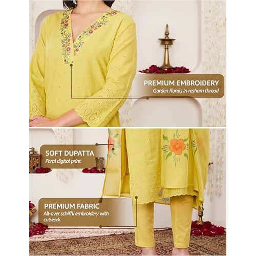 Amazon Brand - Myx Women's Embroidered Cotton Kurta Pant Set With Dupatta (Ss25-Myx-Shu-Ks-06_Pastel Yellow_Xs)