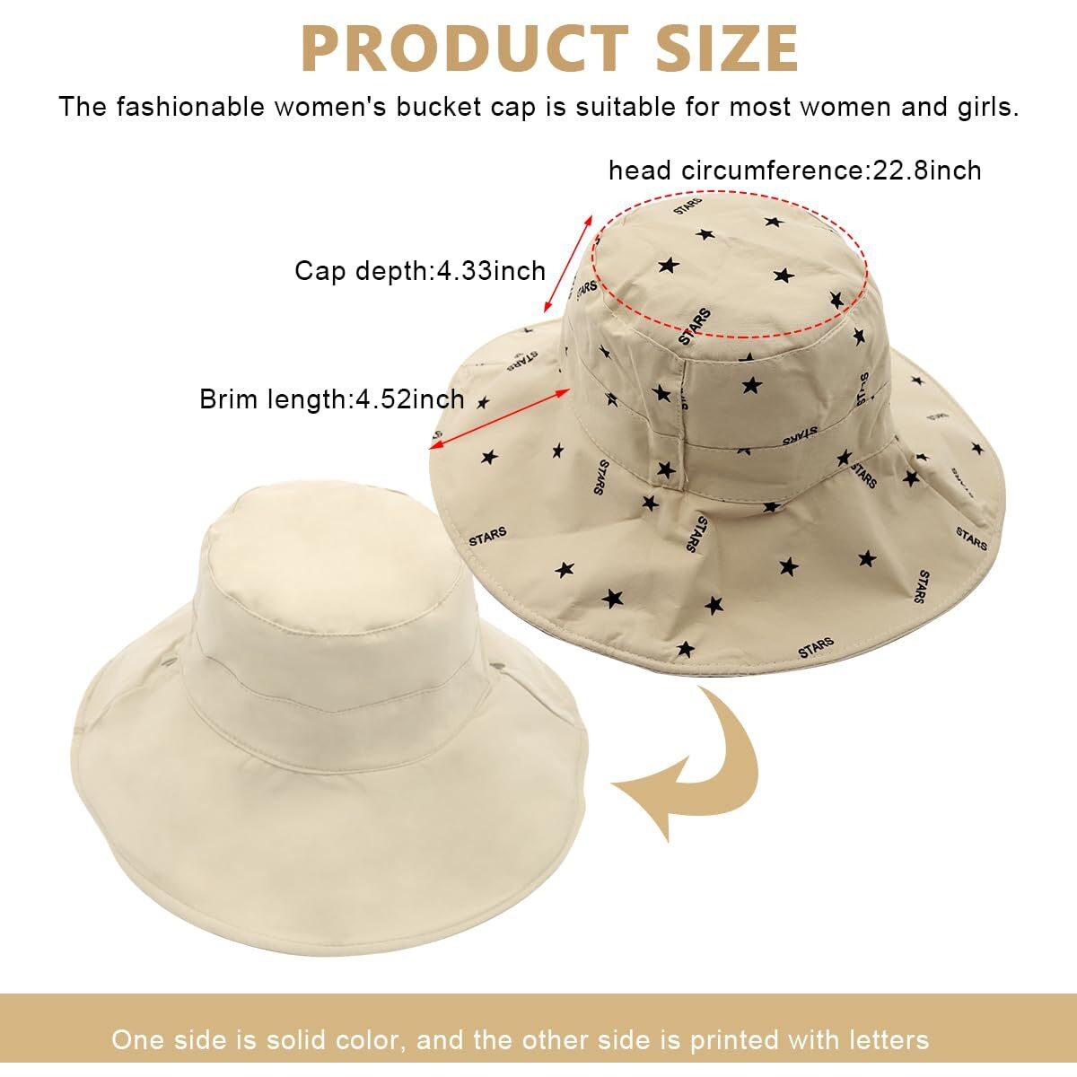 Palay Bucket Hat For Women, Wide Brim Sun Hats For Women, Breathable Cotton Beach Hat Reversible Solid Color & Prints Cap For Daily, Travel, Camping, Fishing (Beige), Free Size
