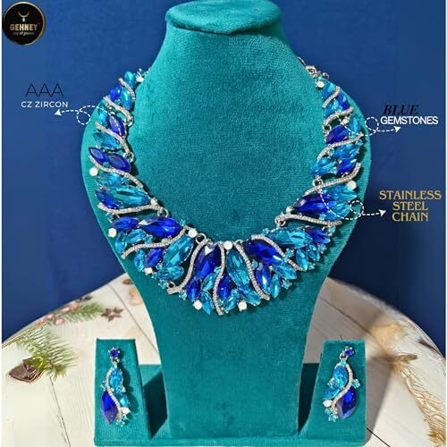 Gehney Joy Of Jewels Jewelry Set For Women - Necklace & Earrings With Blue Gemstones & Ad Zircon - Handmade Crystal Necklace Set Jewelry For Parties & Special Occasions Fashion Necklace & Earring Set