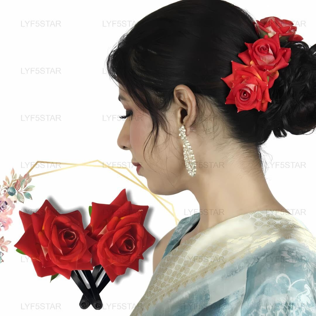 Lyf5Star Handmade Artificial Orange Rose Flower Tiktok Hairpin | Bridal Hair Accessories | Artificial Orange Rose Hair Pin | Stylish And Elegant Hair Accessories For Women & Girls | Pack Of 2