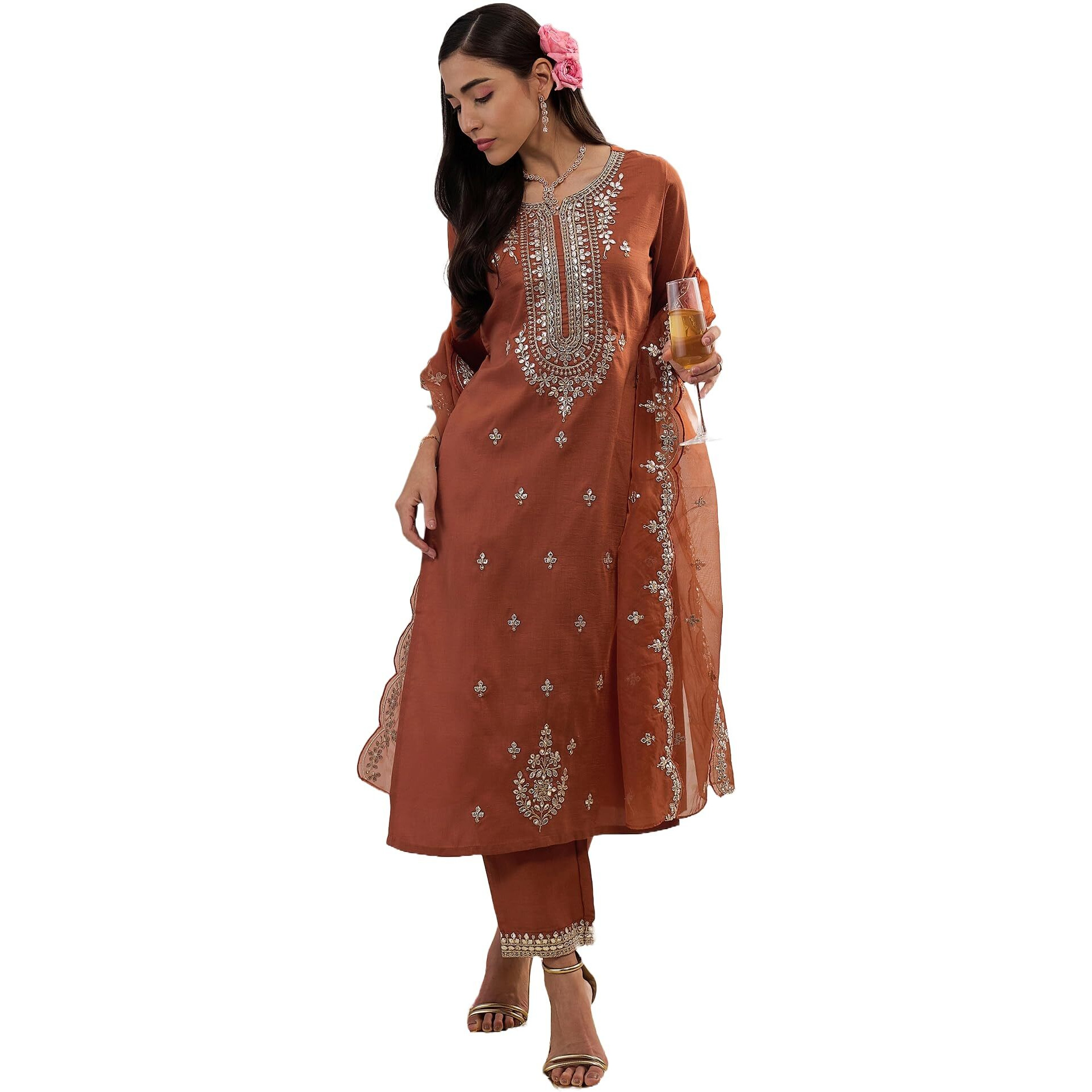 Indo Era Women's Embroidered Silk Blend Straight Kurta & Pant With Dupatta Suit Set (Kh9Rt6008_X-Large)