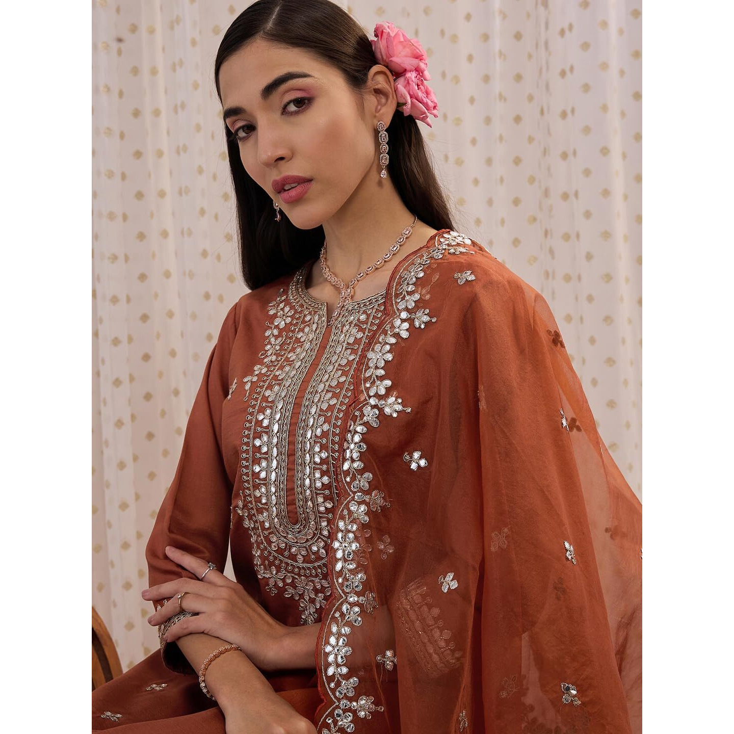 Indo Era Women's Embroidered Silk Blend Straight Kurta & Pant With Dupatta Suit Set (Kh9Rt6008_Large)