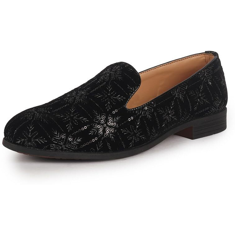 Fausto Fst Fosme-2165 Black-46 Men Black Ethnic Velvet Sequin Embroidered Slip On Juttis And Mojaris For Wedding|Party Slip-On|Traditional Kurtas Shoes|Prom Slip On Shoes (12 Uk)