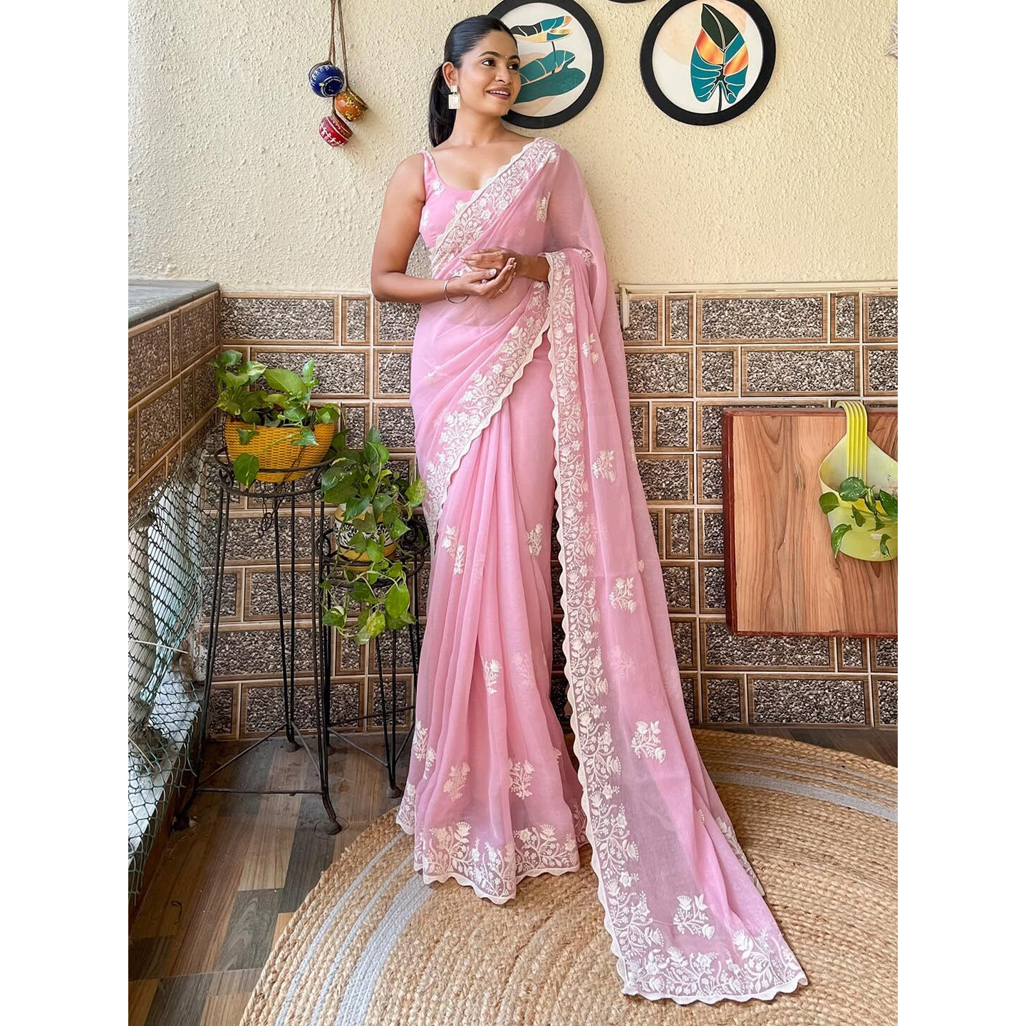 Akhilam Women's Pink Georgette Embroidered Saree With Blouse Piece (Kesari5705_Kr)