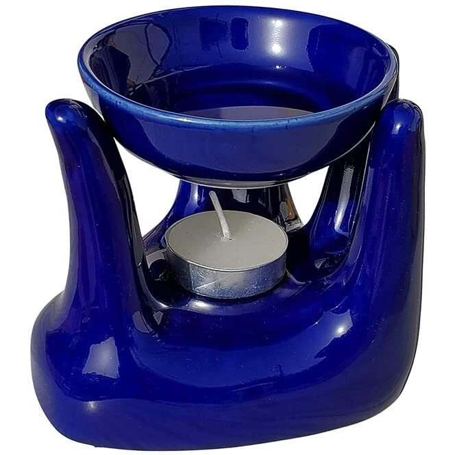 Pure Source India Ceramic Hand Type Oil Burner For Home, Office, With 1 Tea Light Candle, Made By Porcelain (Blue)