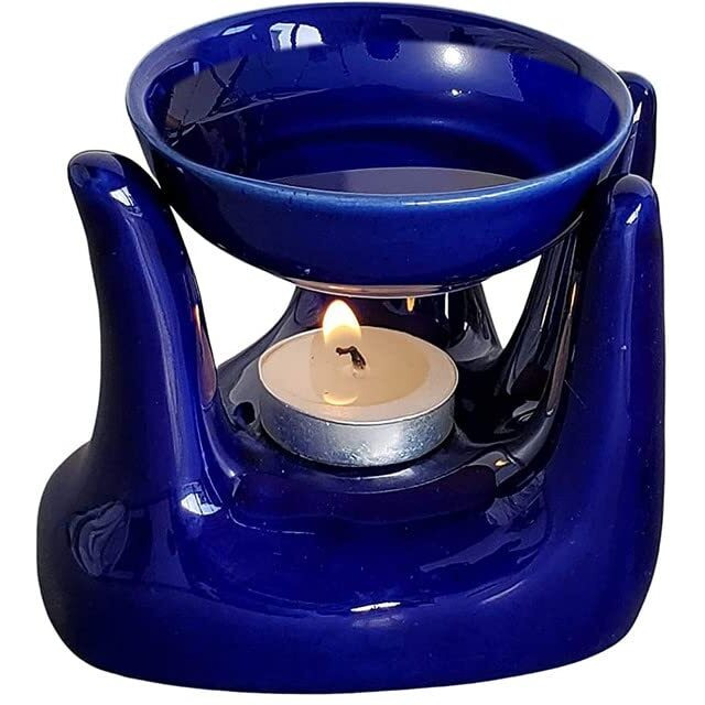 Pure Source India Ceramic Hand Type Oil Burner For Home, Office, With 1 Tea Light Candle, Made By Porcelain (Blue)