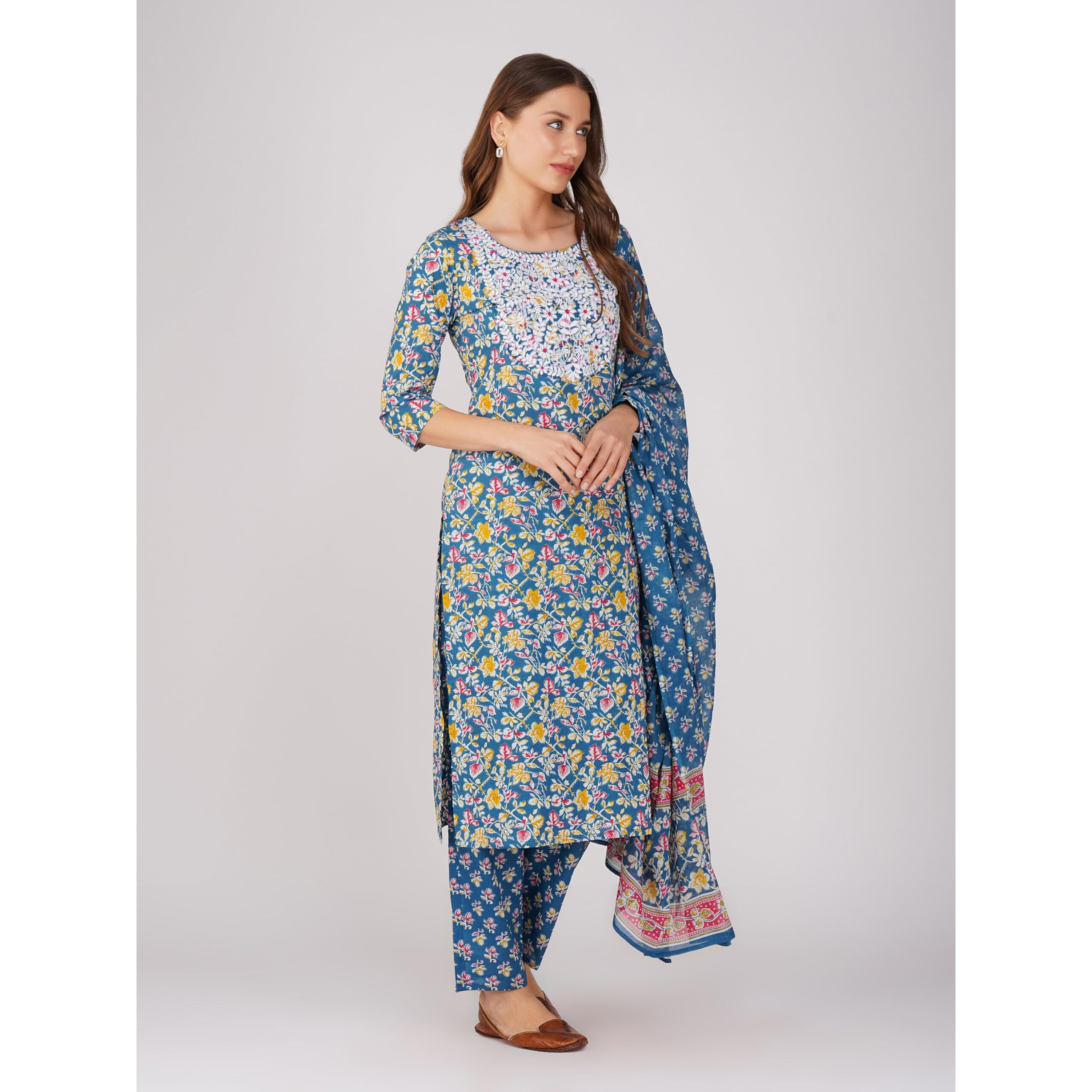 Amayra Women's Cotton Embroidered Straight Kurta With Pant And Dupatta Set(Tck551,Blue,Xl)