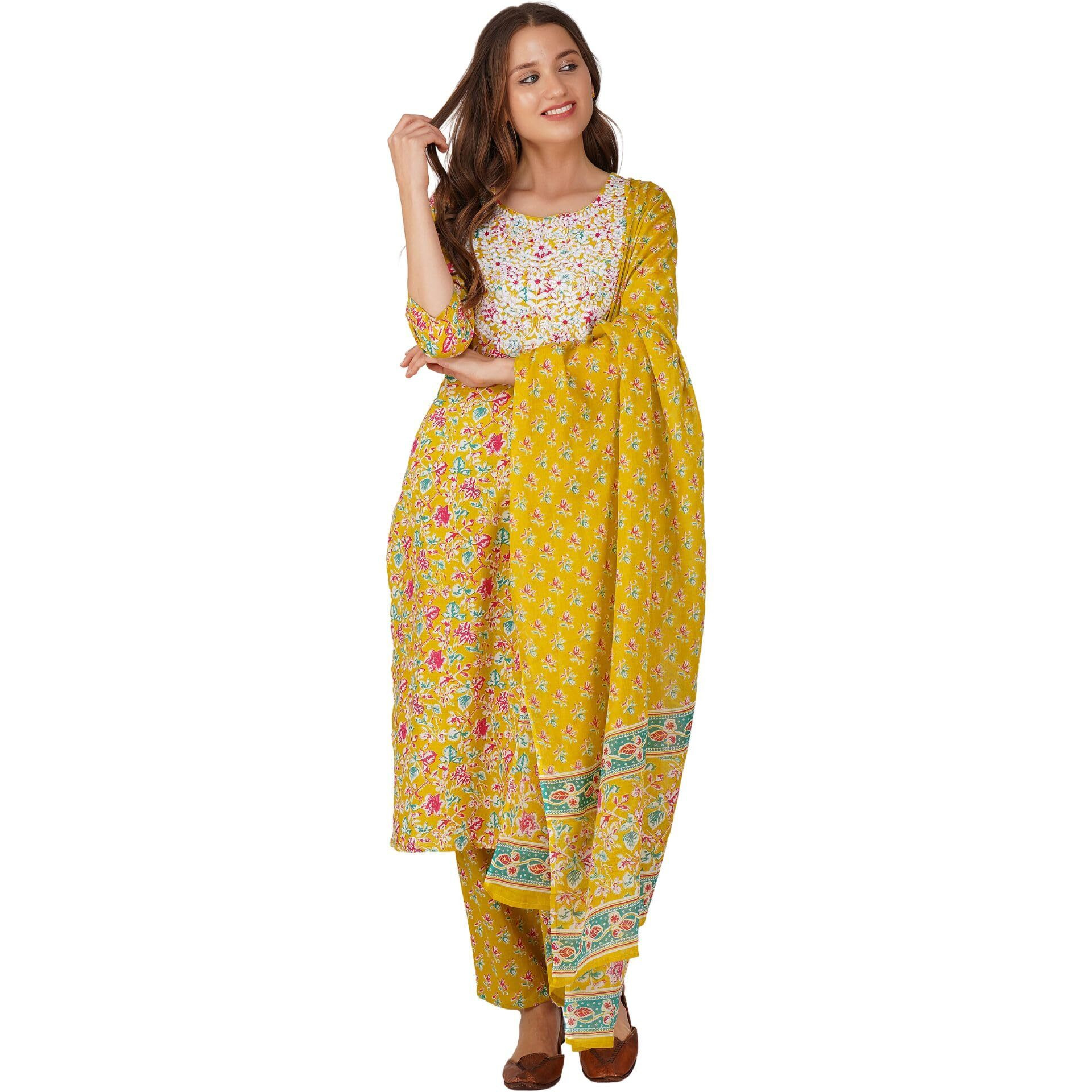 Amayra Women's Cotton Embroidered Straight Kurta With Pant And Dupatta Set(Tck551,Yellow,Xxl)