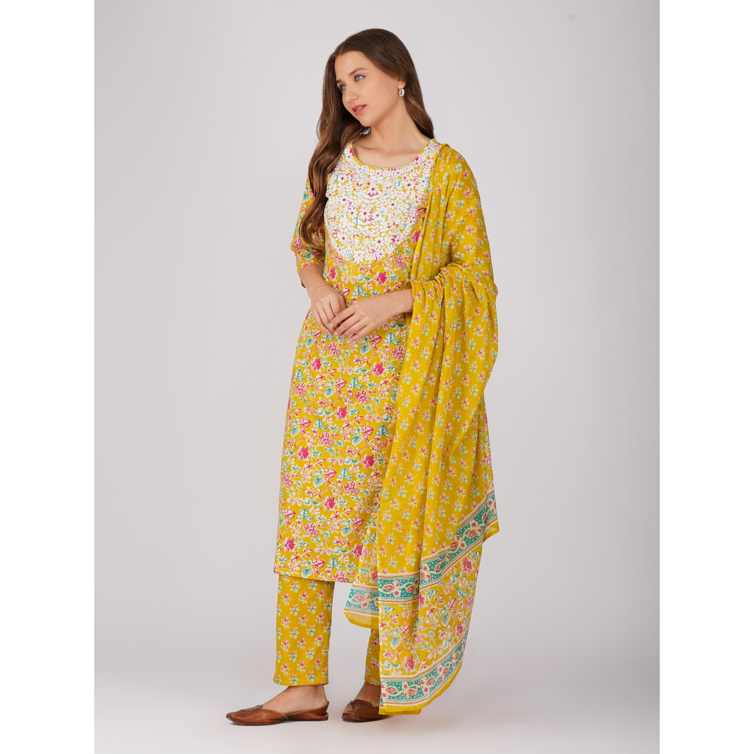 Amayra Women's Cotton Embroidered Straight Kurta With Pant And Dupatta Set(Tck551,Yellow,Xxl)