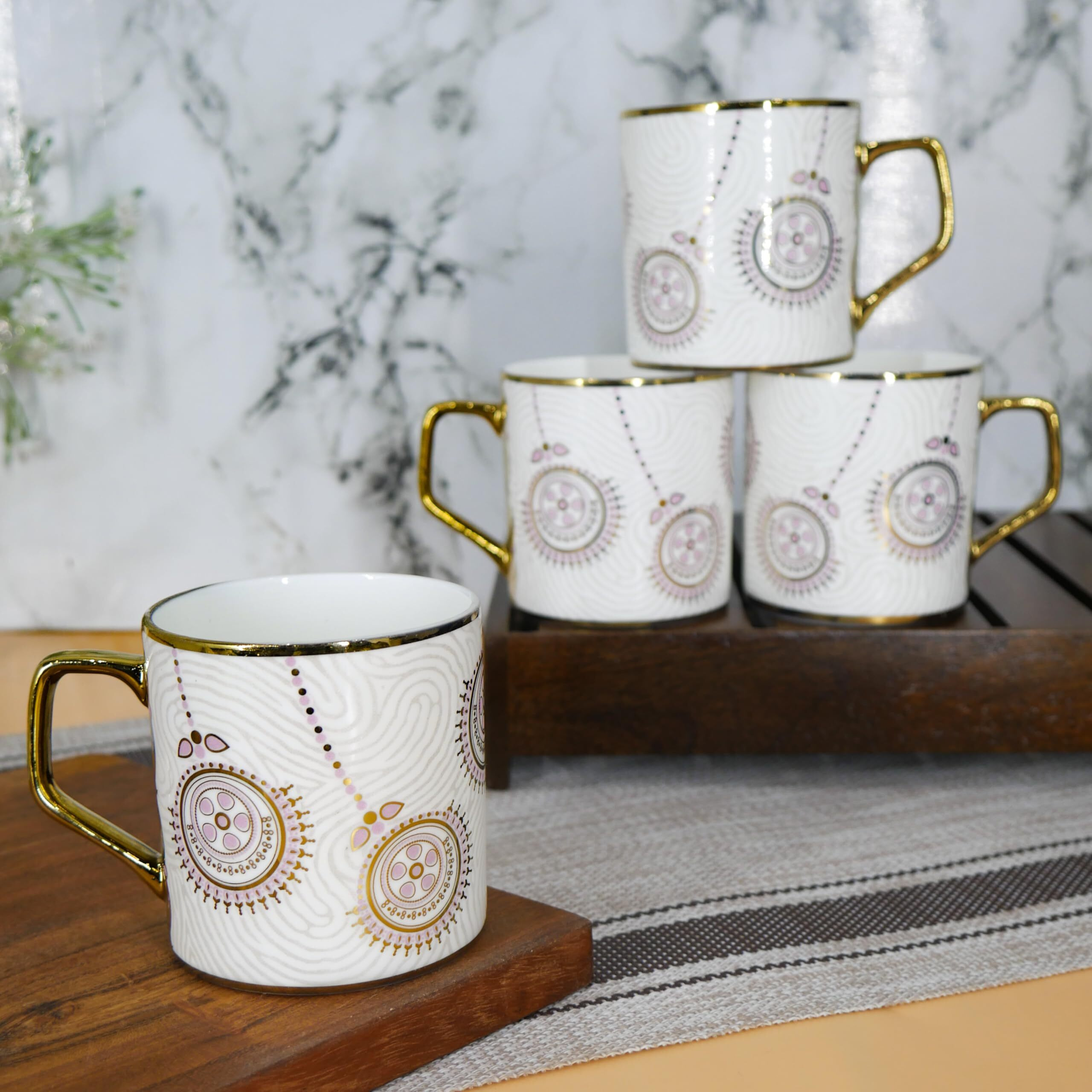 Femora Premium Golden Flower Branch Print Design Ceramic Coffee & Tea Cup Set Of 4, 180 Ml