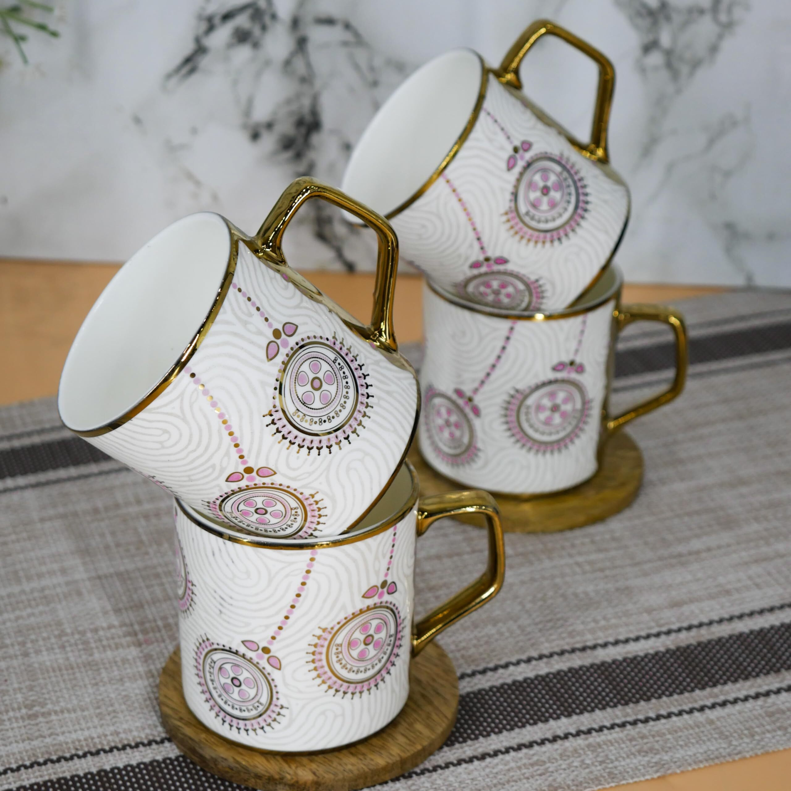 Femora Premium Golden Flower Branch Print Design Ceramic Coffee & Tea Cup Set Of 4, 180 Ml