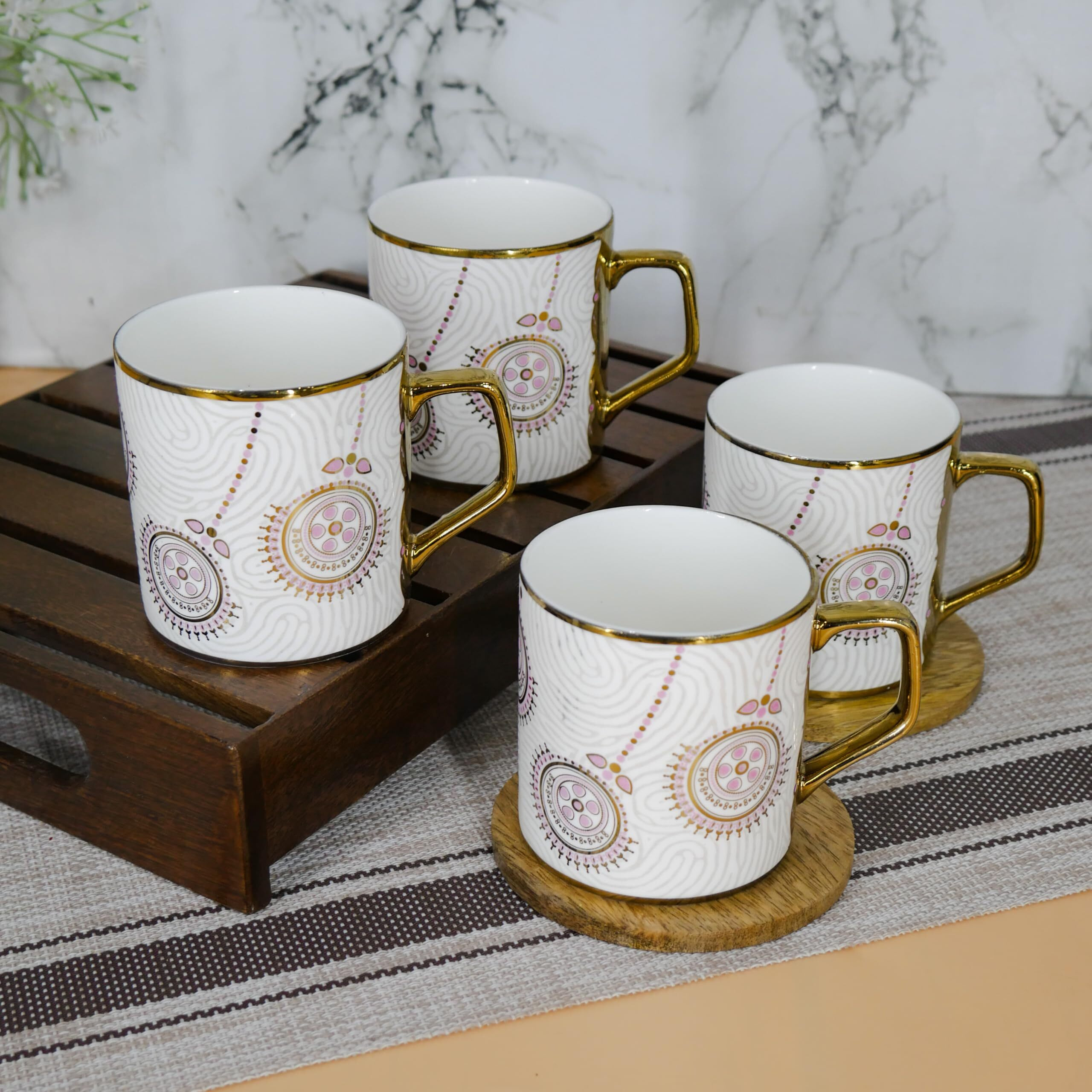 Femora Premium Golden Flower Branch Print Design Ceramic Coffee & Tea Cup Set Of 4, 180 Ml