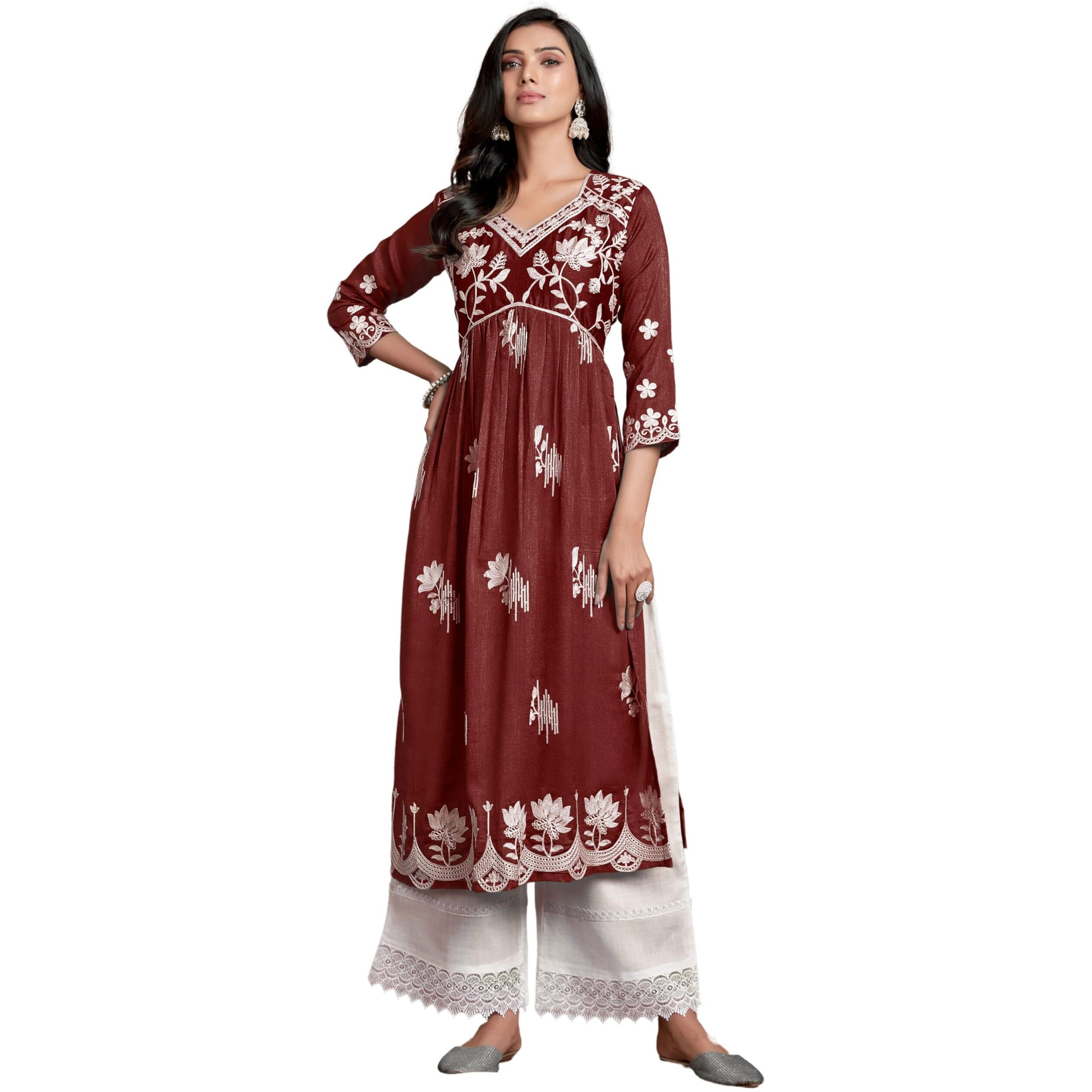 Ethnicjunction Women's Chikankari Embroidered Naira Cut Kurta Maroon