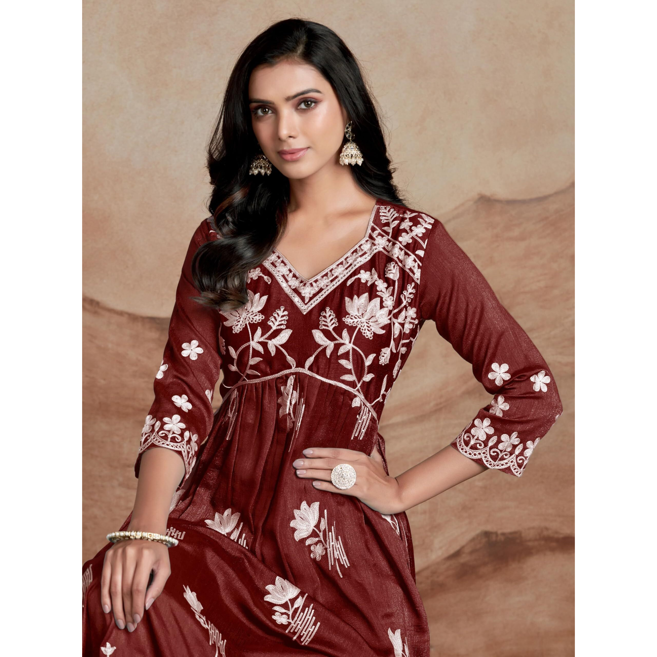 Ethnicjunction Women's Chikankari Embroidered Naira Cut Kurta Maroon