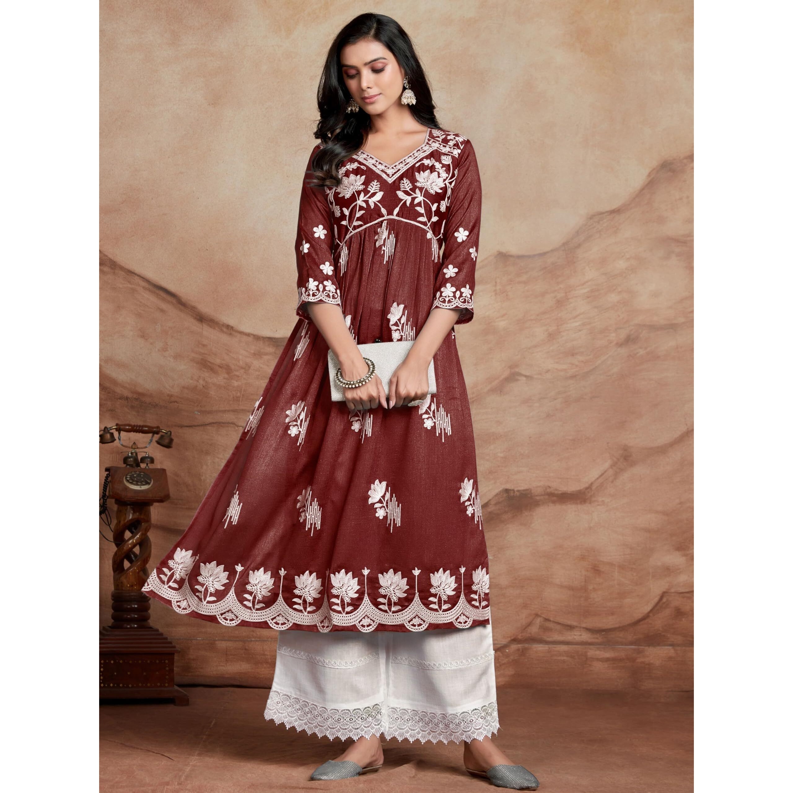 Ethnicjunction Women's Chikankari Embroidered Naira Cut Kurta Maroon